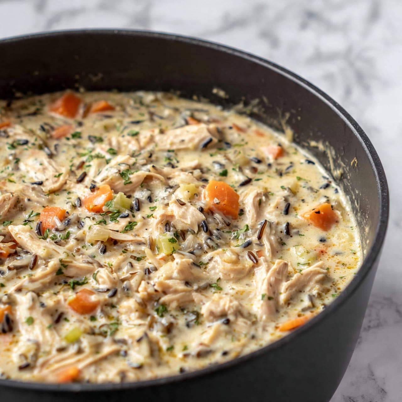 This image shows a creamy chicken and rice soup in a black pot. The dish has a thick white creamy base mixed evenly with shredded white chicken pieces, small round orange carrot slices, and bits of wild rice in brown and black hues. There are also small green herbs sprinkled on top, adding contrast and freshness. The soup looks rich in texture with visible chunks of chicken and vegetables floating throughout. The pot is set on a white marbled surface. photo taken with an iphone --ar 4:5 --v 7