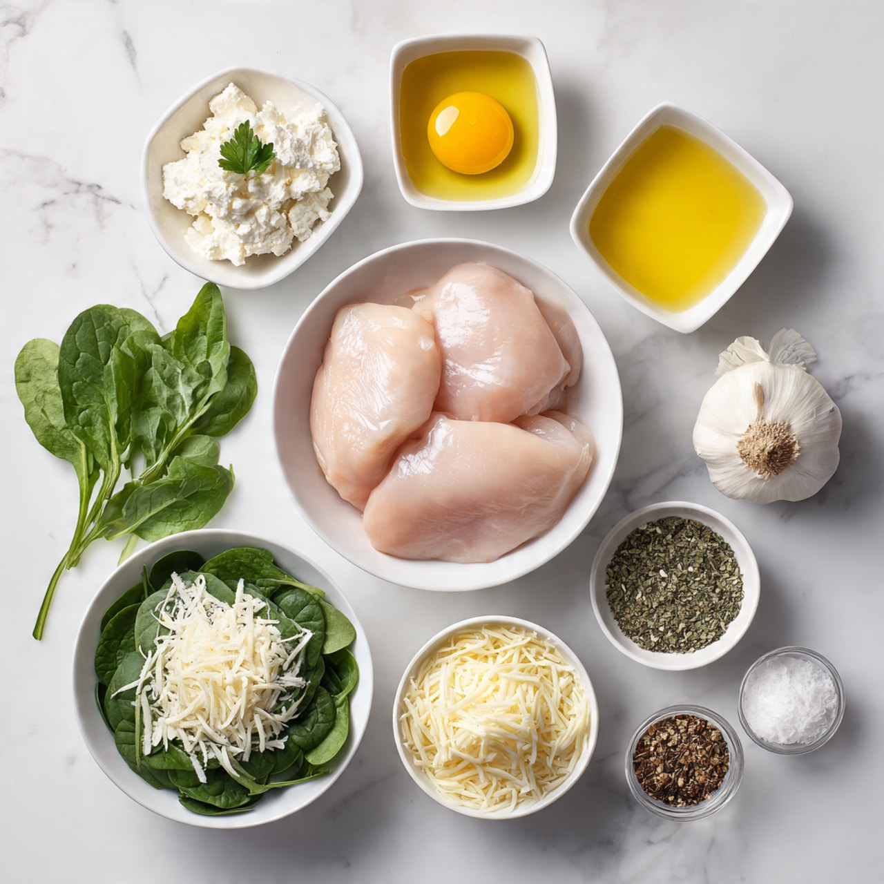 The image shows a white bowl in the middle containing four raw chicken pieces that are pale pink and smooth. Above the bowl, three small white square dishes hold golden olive oil, a bright yellow egg yolk, and green parsley leaves. Below and around the bowl are several small white bowls with different ingredients: fresh dark green spinach leaves, white ricotta cheese with a creamy texture, shredded mozzarella cheese in pale yellow strands, finely chopped white onion, minced light beige garlic cloves, finely grated pale yellow Parmesan cheese, dried green oregano flakes, and small bowls with ground brown nutmeg, a salt and black pepper mix, all placed on a white marbled surface. photo taken with an iphone --ar 4:5 --v 7