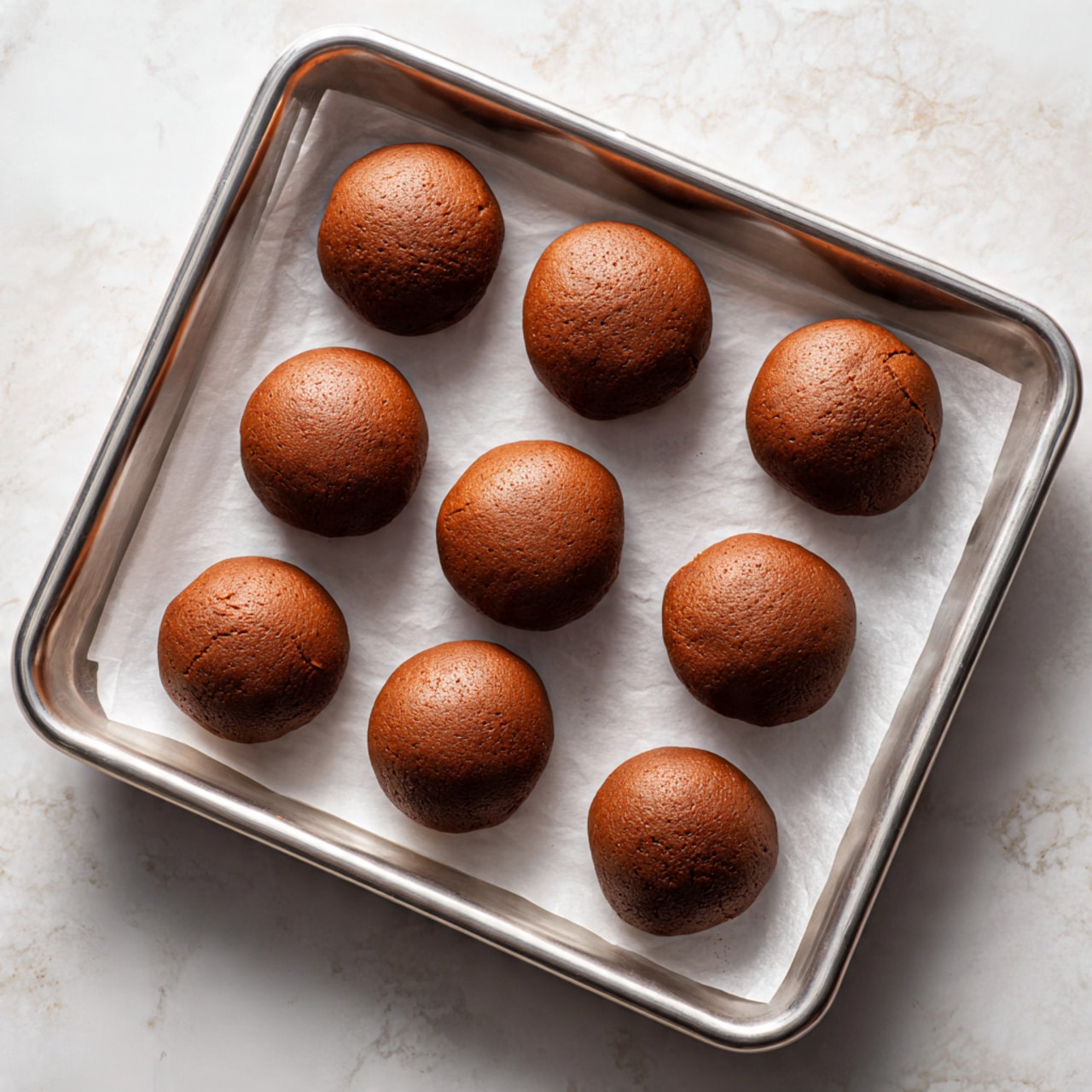Nine round dough balls with a smooth and slightly cracked surface, dark brown in color, are evenly placed on a sheet of white parchment paper inside a silver baking tray. The balls are spaced apart in a loose grid pattern, sitting on a white marbled surface that brightens the scene. The light gives the dough a soft sheen, showing its soft texture before baking. Photo taken with an iphone --ar 4:5 --v 7