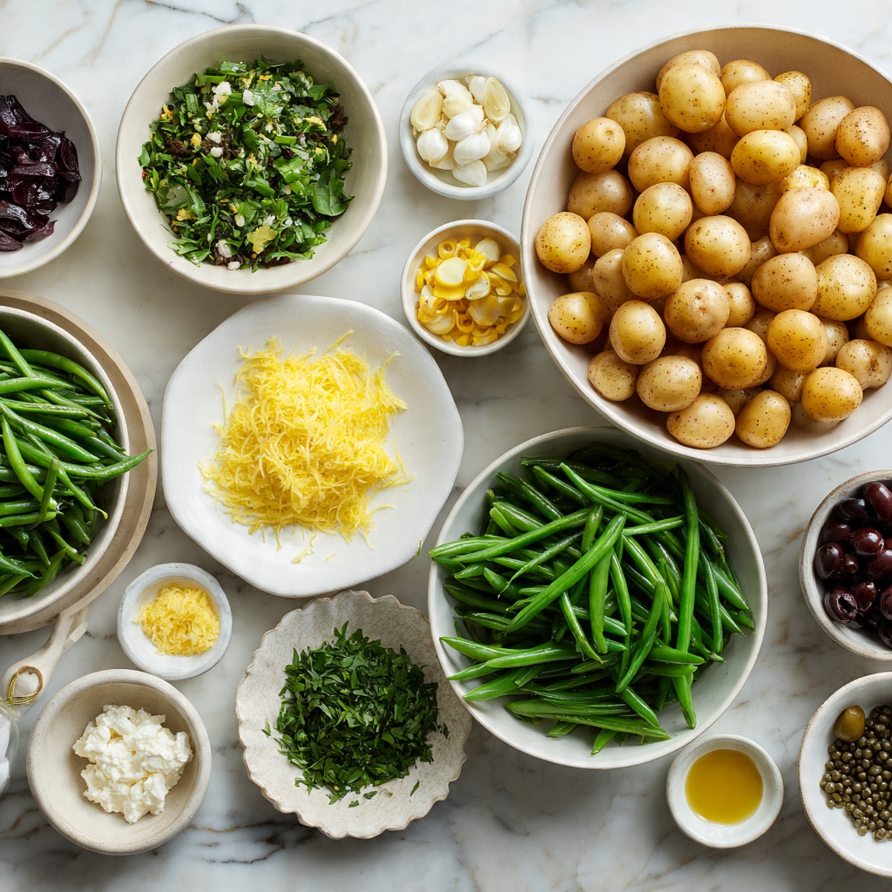 The image shows an arrangement of fresh ingredients on a white marbled surface. There are two main bowls: one large white bowl filled with small, round, light brown potatoes and another large white bowl filled with bright green beans. Around them are smaller white bowls and dishes containing various items: grated lemon zest on a small oval plate, chopped shallots in a small bowl, capers in a tiny bowl, chopped fresh green herbs in a scalloped white bowl, finely chopped dark green herbs in a small white bowl, a small bowl of crumbled white cheese, whole garlic cloves minced on a tiny plate, dark olives in a small dish with a spout, several small bowls with liquids like olive oil, vinegar, or mustard, plus some sea salt in a small bowl. The setup is neat, with all elements laid out plainly to show off the colors and textures clearly. photo taken with an iphone --ar 4:5 --v 7