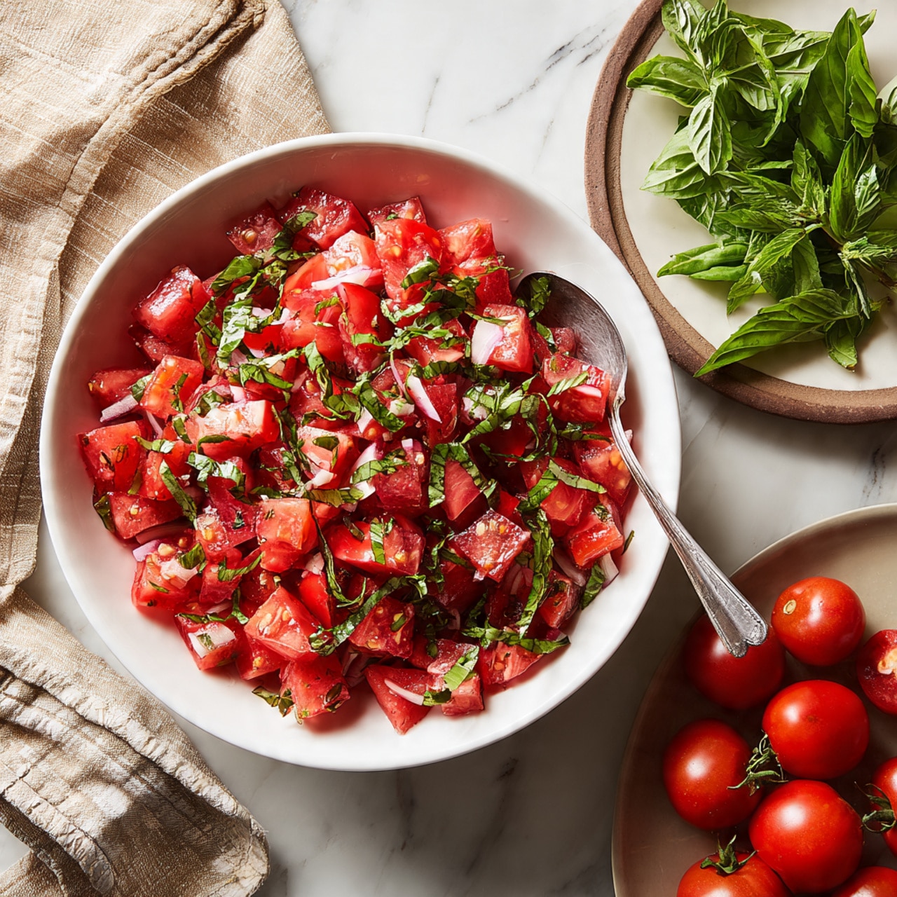 A white bowl filled with a fresh tomato salad sits on a white marbled surface. The salad has three main layers: bright red tomato pieces cut into small chunks form the largest layer, mixed with thin pale slices of garlic spread evenly throughout. Scattered green basil leaves add contrast and freshness on top. A silver spoon rests inside the bowl on the right side, partially covered by the salad. Nearby, there is a small white bowl holding fresh green basil leaves and a plate with a bunch of shiny red cherry tomatoes still on the vine, both placed on the same white marbled surface. A soft beige textured cloth is casually draped in the top left corner. Photo taken with an iphone --ar 4:5 --v 7