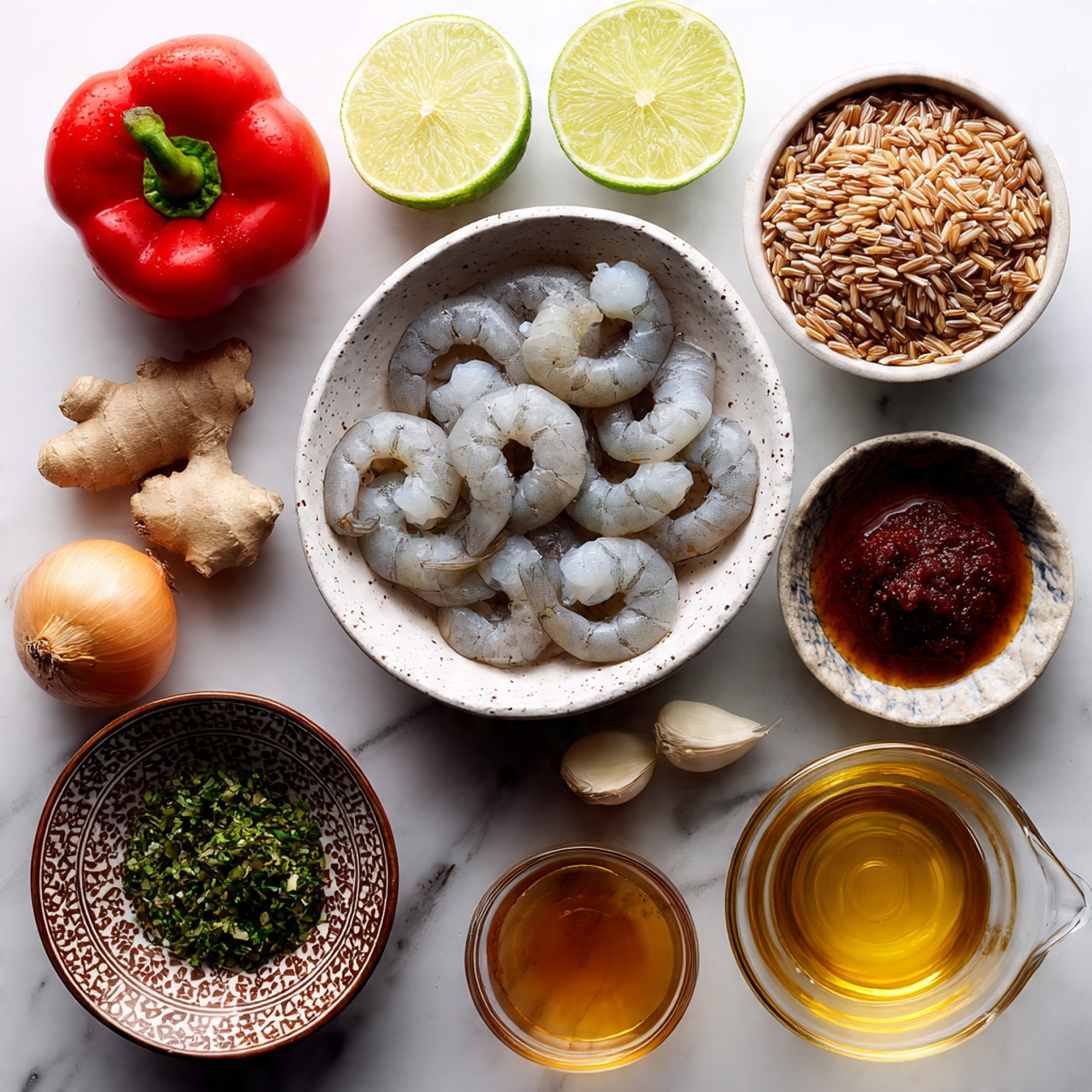The image shows several fresh ingredients laid out neatly on a white marbled surface. In the center, a white speckled bowl is full of raw shrimp with a grayish-white color and tails on. Above it, two lime halves with a bright green inside rest next to a whole red bell pepper with a smooth, shiny skin. To the right of the shrimp, a small white bowl holds uncooked brown rice grains. Below that, a round bowl with an ornate brown and white pattern is filled with finely chopped fresh green herbs. Next to it, a small glass bowl contains a thick, dark red paste, and right below the shrimp bowl, another small glass bowl is filled with a golden liquid, likely oil or honey. To the left of the shrimp, a round, golden-yellow onion sits alongside three cloves of peeled garlic. Above these, a beige piece of ginger root lies near a clear glass pitcher filled with a light amber liquid. At the bottom left, an empty white speckled bowl is visible. The overall setup is bright, clean, and organized. photo taken with an iphone --ar 4:5 --v 7