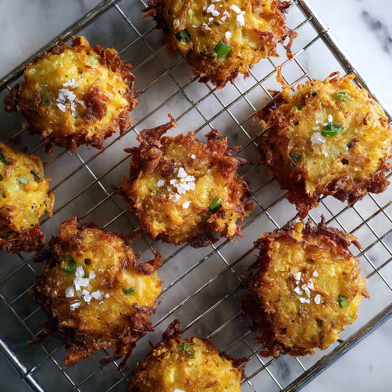 The image shows eight crispy, golden brown fritters placed on a metal wire rack over a baking tray. Each fritter is roughly round with an uneven, textured surface that has darker browned edges and small green flecks of herbs or vegetables scattered throughout. Coarse sea salt flakes sprinkle the tops of the fritters, adding a touch of brightness and texture. The metal wire rack has a grid pattern, and the baking tray underneath is shiny with a matte finish. The overall look is crunchy and homemade, with warm, inviting colors of golden yellows, light browns, and green hints on a white marbled texture background. photo taken with an iphone --ar 4:5 --v 7