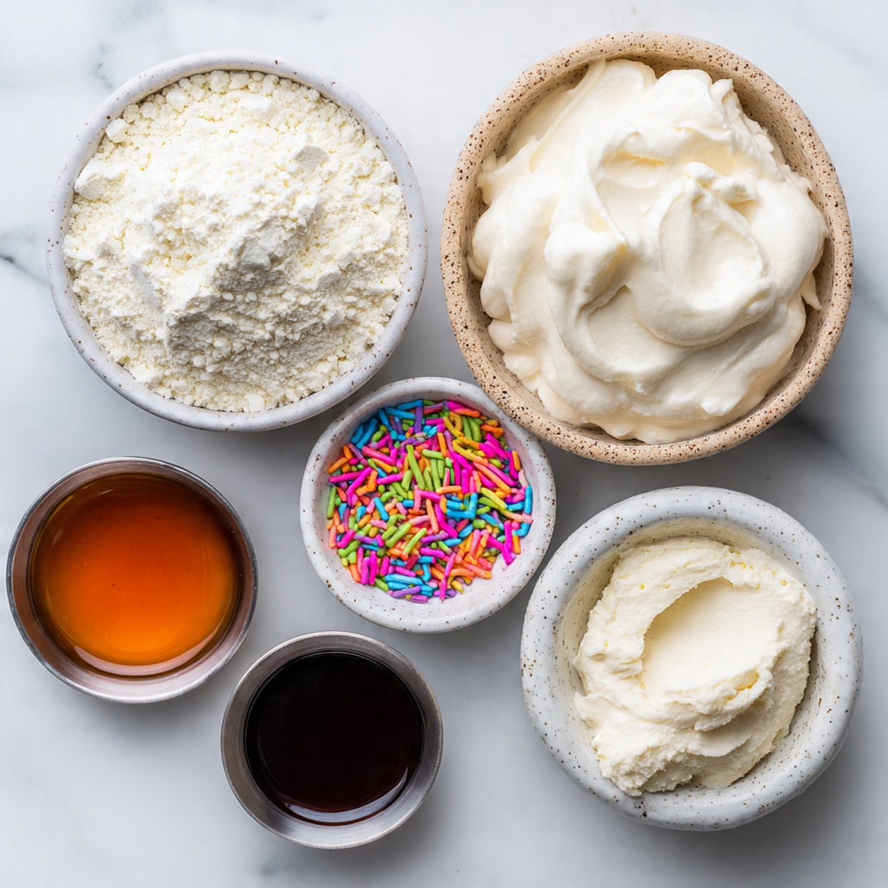 Top view of five small white bowls arranged on a white marbled surface. The largest bowl at the top right is filled with thick plain Greek yogurt, smooth and creamy with some soft peaks. Below it to the left, a speckled white bowl holds a fluffy pile of white flavored protein powder with a slightly grainy texture and powdery surface. To the right of the protein powder, a smaller white bowl contains colorful sprinkles in bright shades of orange, green, pink, purple, yellow, and blue, each shaped like tiny rods. At the bottom left, a small silver bowl shows a deep amber liquid of maple syrup with a shiny surface. Next to it on the right, another speckled white bowl holds vanilla extract, a dark brown liquid that looks smooth and glossy. photo taken with an iphone --ar 4:5 --v 7