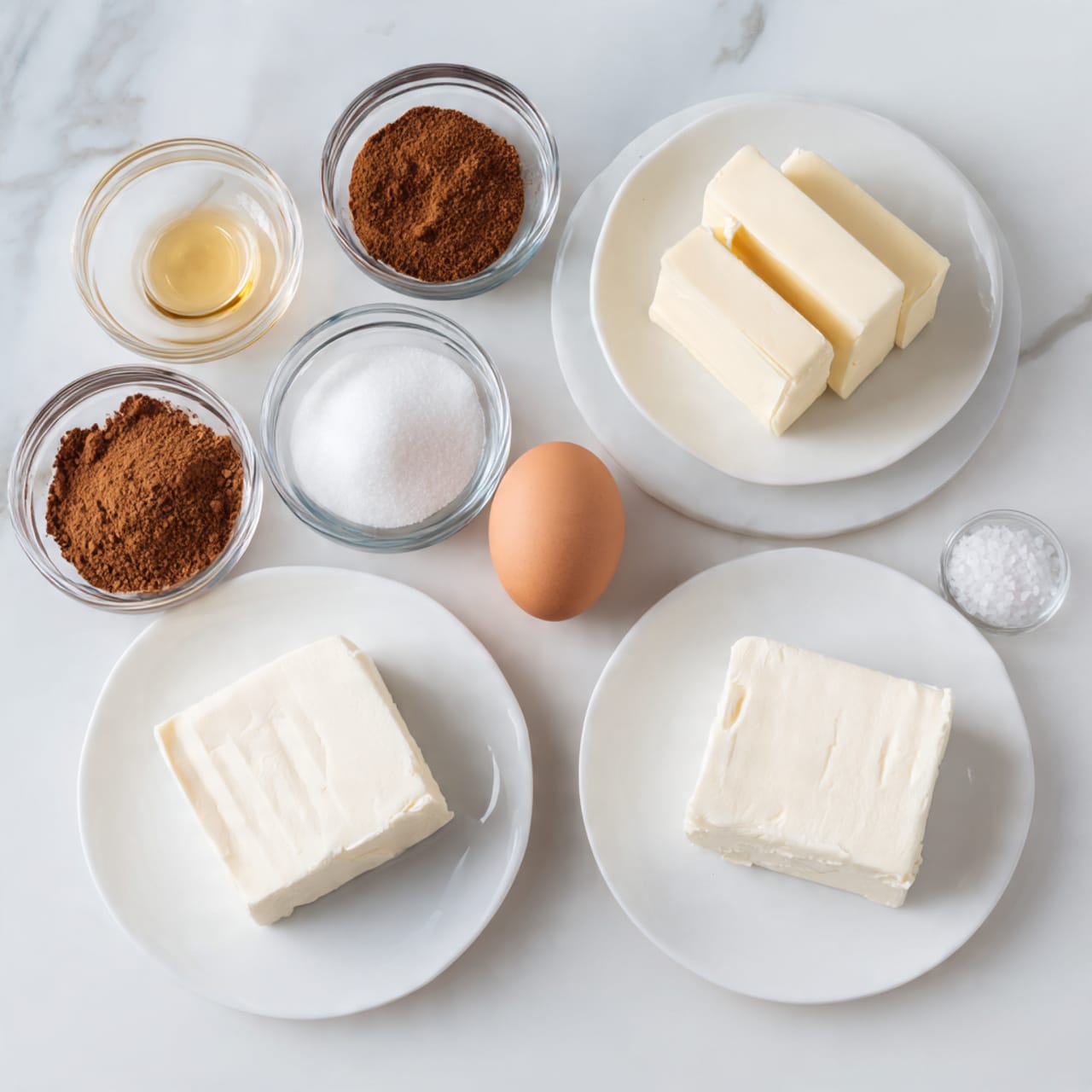 The image shows ingredients arranged neatly on a white marbled surface, with two white plates holding cream cheese blocks in the center. To the left, small glass bowls contain brown cinnamon powder, light yellow butter, and white granulated sugar. On the right side, there are two blue cans of crescent rolls, a small glass bowl of clear vanilla extract, a brown egg, and a glass bowl with white salt. The ingredients are spaced evenly, creating a clean and organized look. photo taken with an iphone --ar 4:5 --v 7