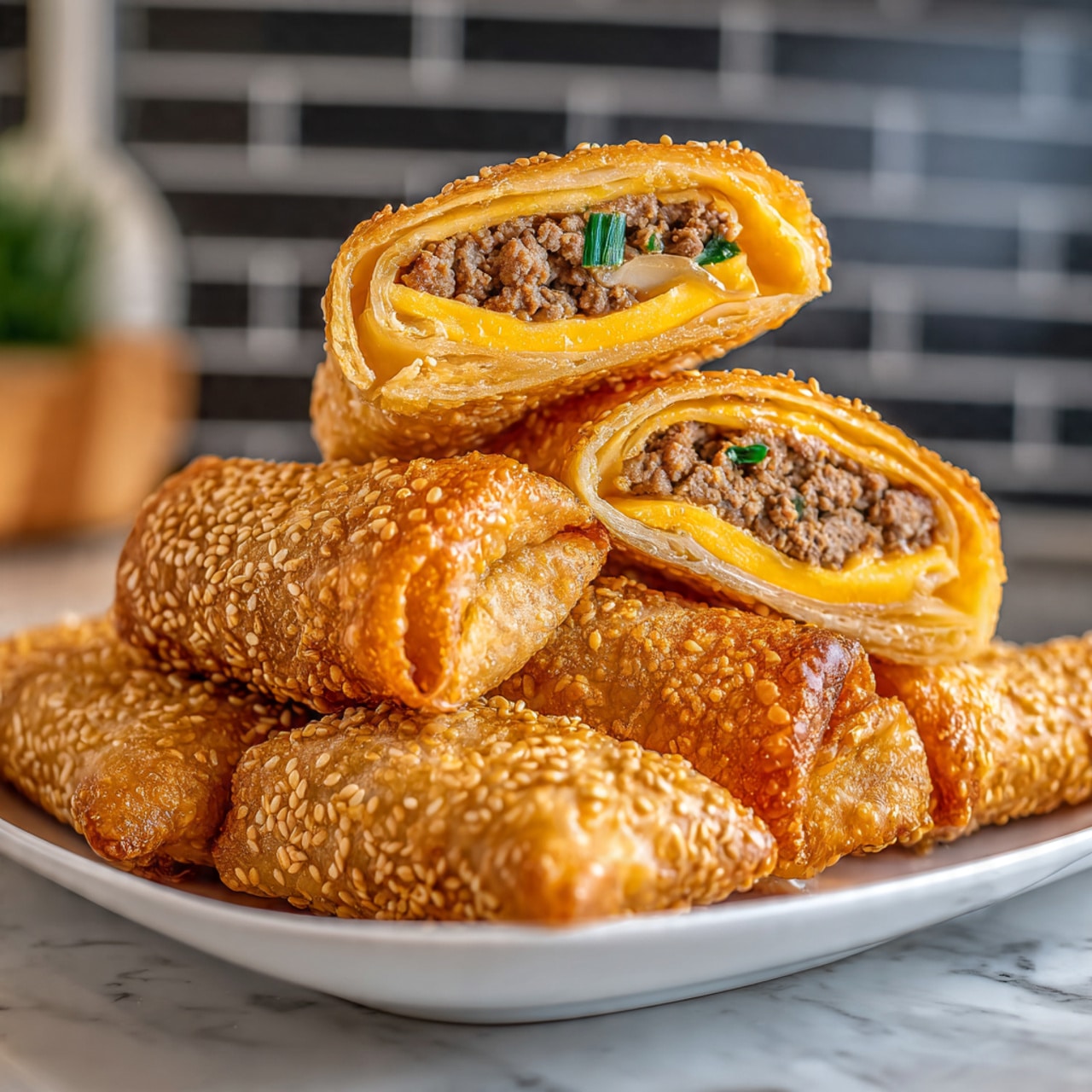 A close-up of golden-brown fried rolls on a white plate, one roll cut in half showing three clear layers: the bottom layer is bright yellow melted cheese, the middle layer is crumbled cooked meat in a light brown color with a rough texture, and the top layer is light green sliced vegetables with a slightly crisp look. The rolls have a crispy, bumpy outer shell sprinkled with white sesame seeds. Next to the rolls is a small metal cup filled with creamy light orange dipping sauce with green bits. The background is white marbled and there is warm lighting highlighting the textures and colors. photo taken with an iphone --ar 4:5 --v 7