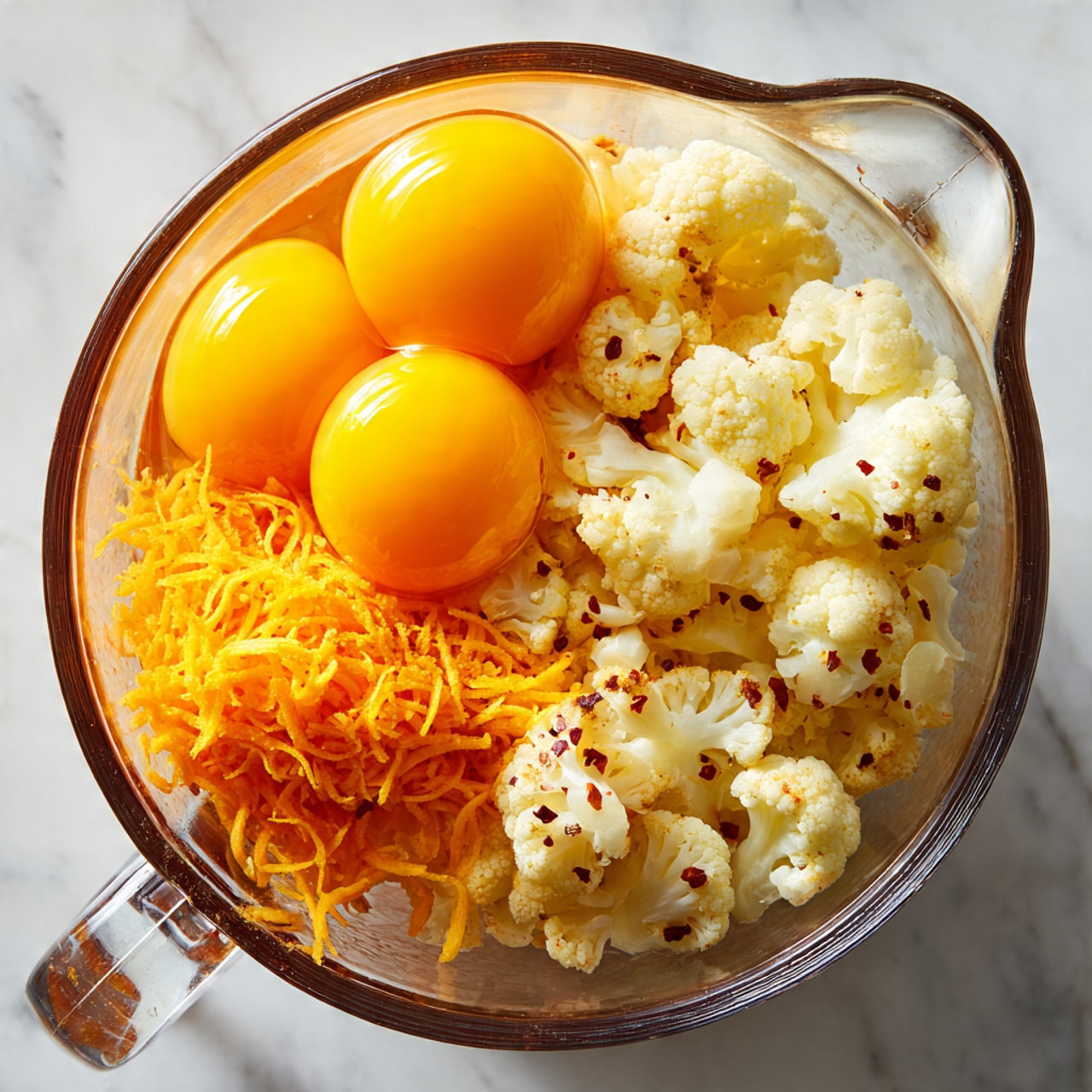 In a clear glass measuring cup placed on a white marbled surface, there are three main layers inside. On the left, two whole raw eggs with bright yellow yolks sit in liquid form. On the top right, there is a pile of bright orange shredded cheese with a fine texture. The entire bottom half and right side of the cup is filled with pieces of white, soft, cooked cauliflower with small red specks. The cup’s transparent design clearly shows all the layers stacked together. Photo taken with an iphone --ar 4:5 --v 7