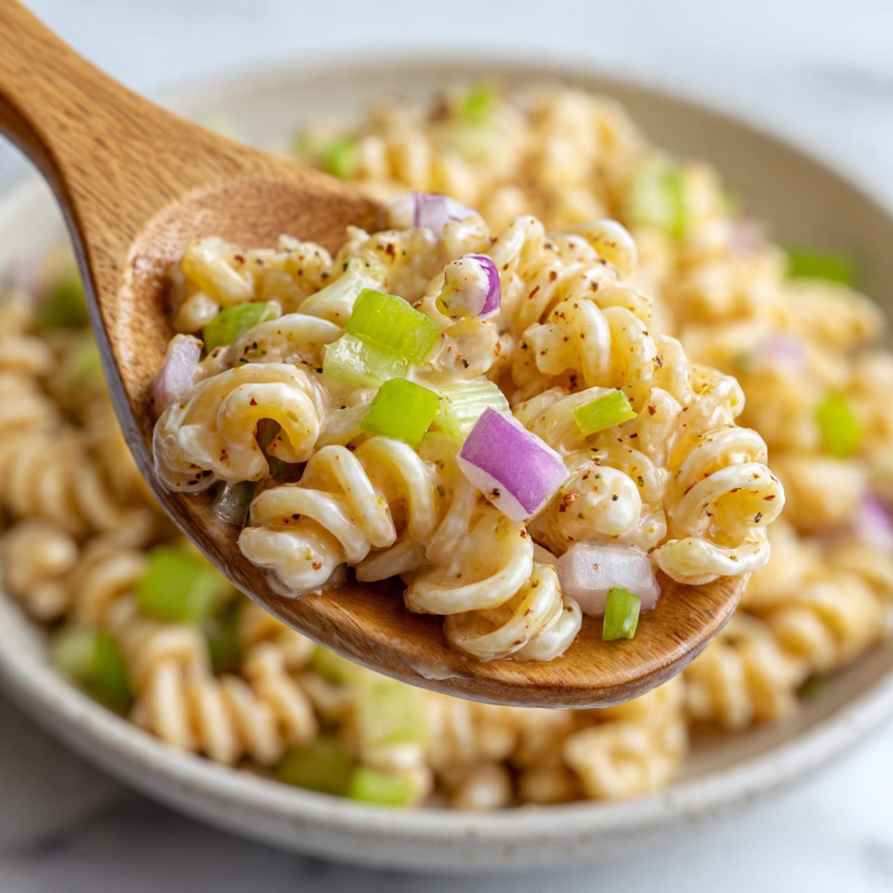 A close-up view of a wooden spoon holding a creamy pasta salad made of spiral macaroni coated in a smooth, light orange sauce with visible specks of seasoning. Mixed into the pasta are small pieces of white cheese, pale green celery, and chopped purple onions, creating a contrast of colors. The spoon is held above a blurred white marbled surface, showing more of the same salad in the background. photo taken with an iphone --ar 4:5 --v 7