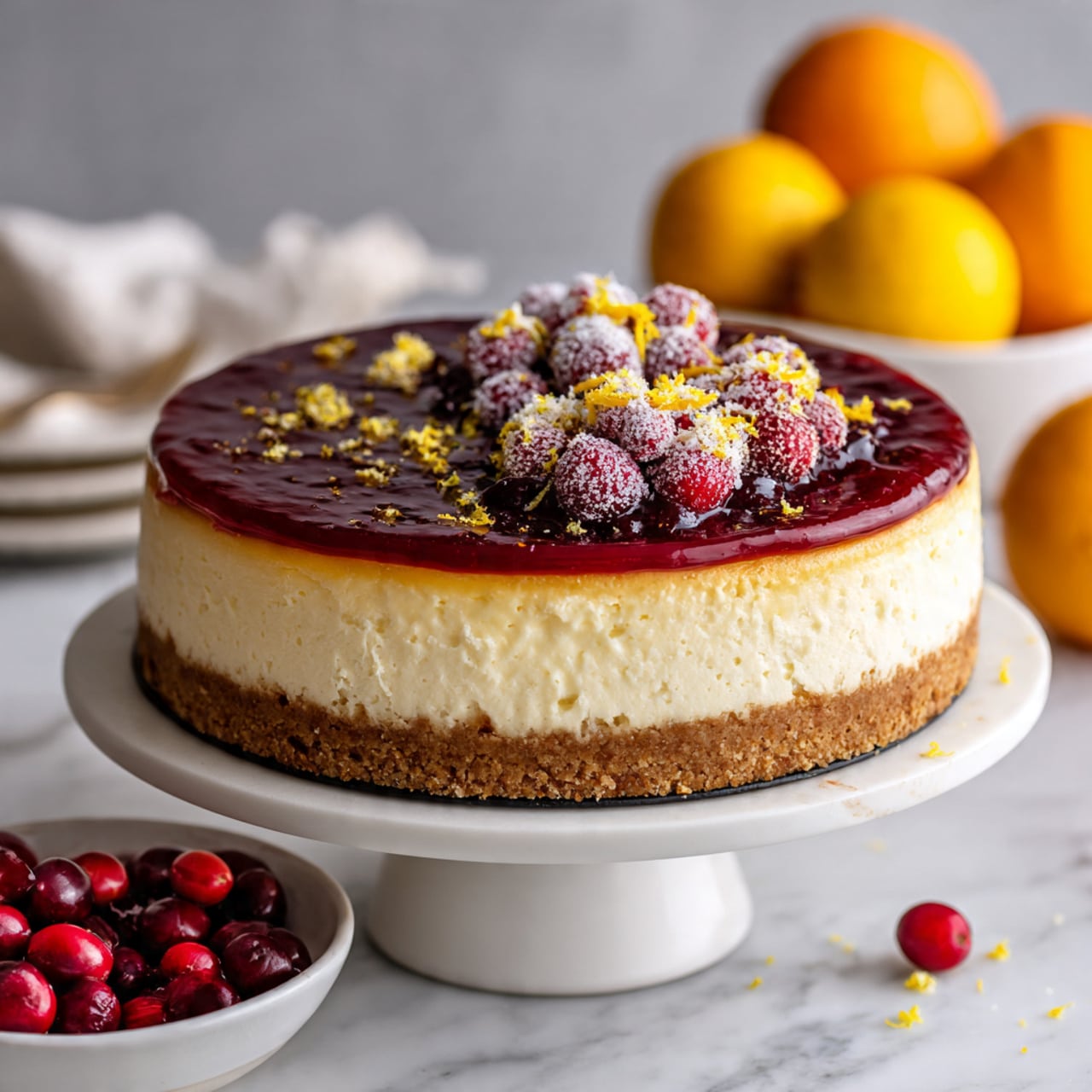 A round cheesecake with three layers sits on a white cake stand over a white marbled surface. The bottom layer is a thick, light brown crust. The middle layer is smooth, creamy white cheesecake. The top layer is a shiny dark red cranberry glaze spread evenly, with a border and a cluster of sugared red cranberries on one side. Some finely grated yellow zest is sprinkled on the glaze and around the cake stand. Bright yellow oranges and a white bowl filled with fresh cranberries are placed around the cake. Photo taken with an iphone --ar 4:5 --v 7