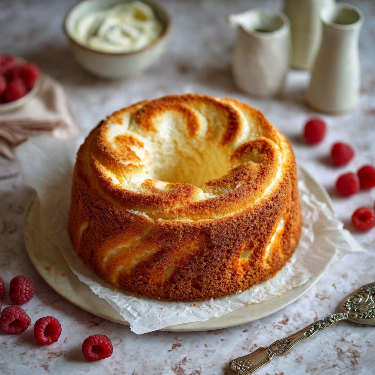 A single-layer round cake with a hollow center sits on a white plate. The cake has a rough, light brown outer texture with swirled ridges on top that show a slightly darker brown color around the edges. The cake appears fluffy and soft inside, with some pale creamy parts visible through cracks near the sides. The plate is placed on white parchment paper on a white marbled surface. Around the cake, there are scattered bright red raspberries, a silver vintage cake server on the right, a small white bowl with cream in the background, and two white bottles further back. photo taken with an iphone --ar 4:5 --v 7