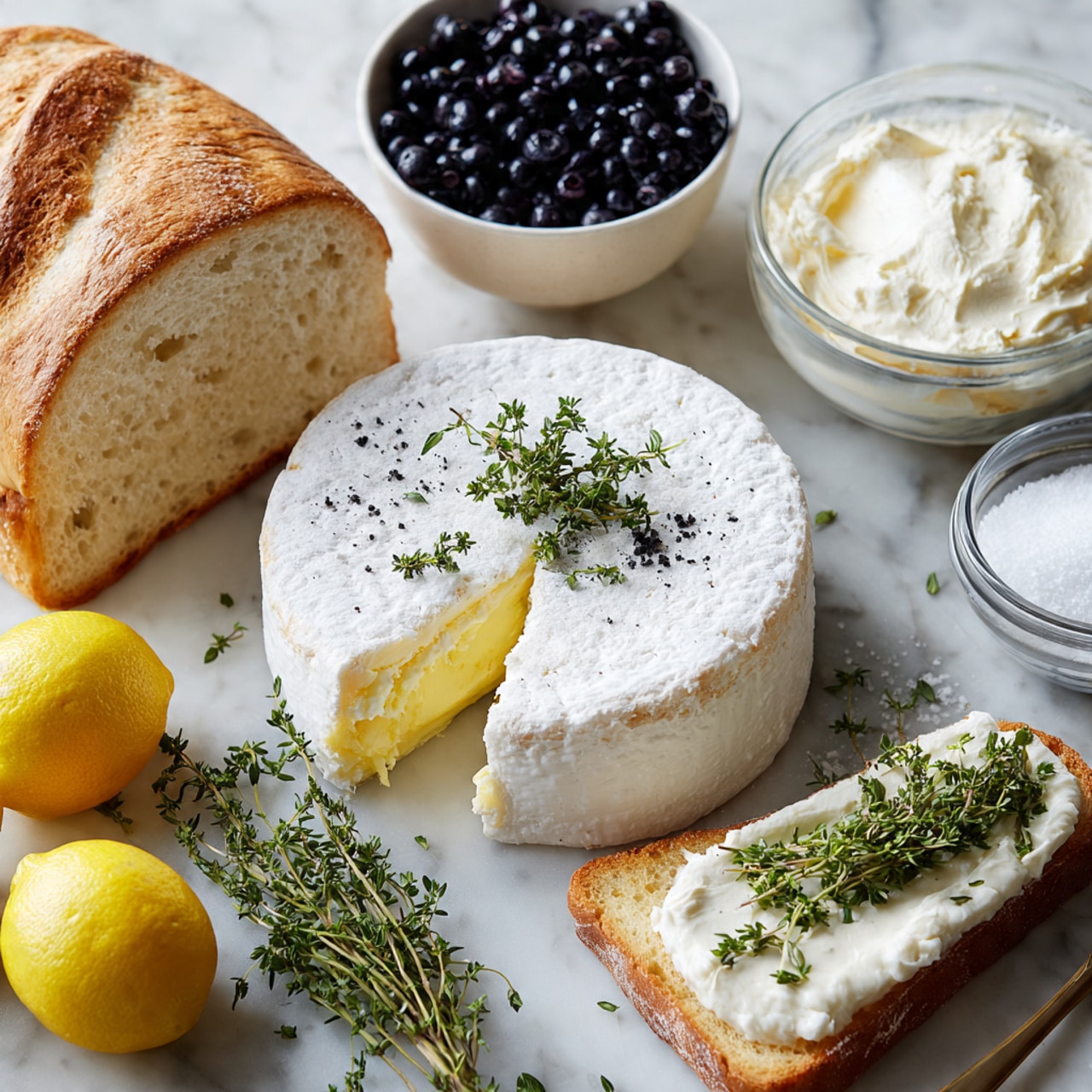The image shows a round soft cheese wheel with a white rind, with a wedge taken out, revealing a creamy yellow inside and topped with a small green thyme sprig in the center on a white marbled surface. Next to it is a slice of toast with a thick layer of the same cheese, creamy and smooth, resting beside several fresh green thyme sprigs. There are two small white bowls filled with dark blue, plump blueberries – one bowl is full and the other smaller bowl is partially shown. A clear glass bowl of white coarse sea salt sits near the upper right side. A small glass bowl with creamy white spread is placed above the cheese wheel. On the left side is a golden brown loaf of sandwich bread, with soft white insides showing. Two bright yellow lemons, one whole and one half facing up, add color to the lower left corner. All items sit on a clean white marbled surface. Photo taken with an iphone --ar 4:5 --v 7