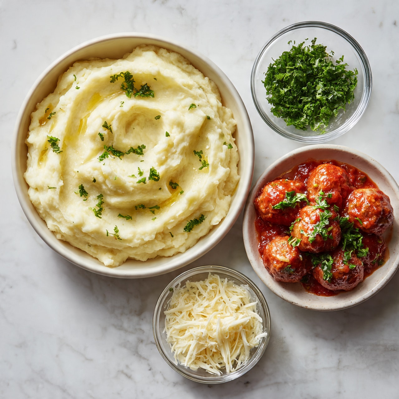 The image shows four white dishes placed on a white marbled surface. The largest dish, a wide bowl, is filled with creamy, pale yellow mashed potatoes with visible smooth swirls and peaks. To the right, a medium white bowl holds round Italian meatballs covered in bright red tomato sauce, sprinkled lightly with chopped green parsley. Above this bowl, a small glass bowl contains finely chopped fresh parsley, showing a vibrant green color. Below the parsley, another small glass bowl is filled with shredded mozzarella cheese, a pale yellow-white mix with a soft and slightly textured look. The composition is clean and well-lit, highlighting the colors and textures of each ingredient. photo taken with an iphone --ar 4:5 --v 7