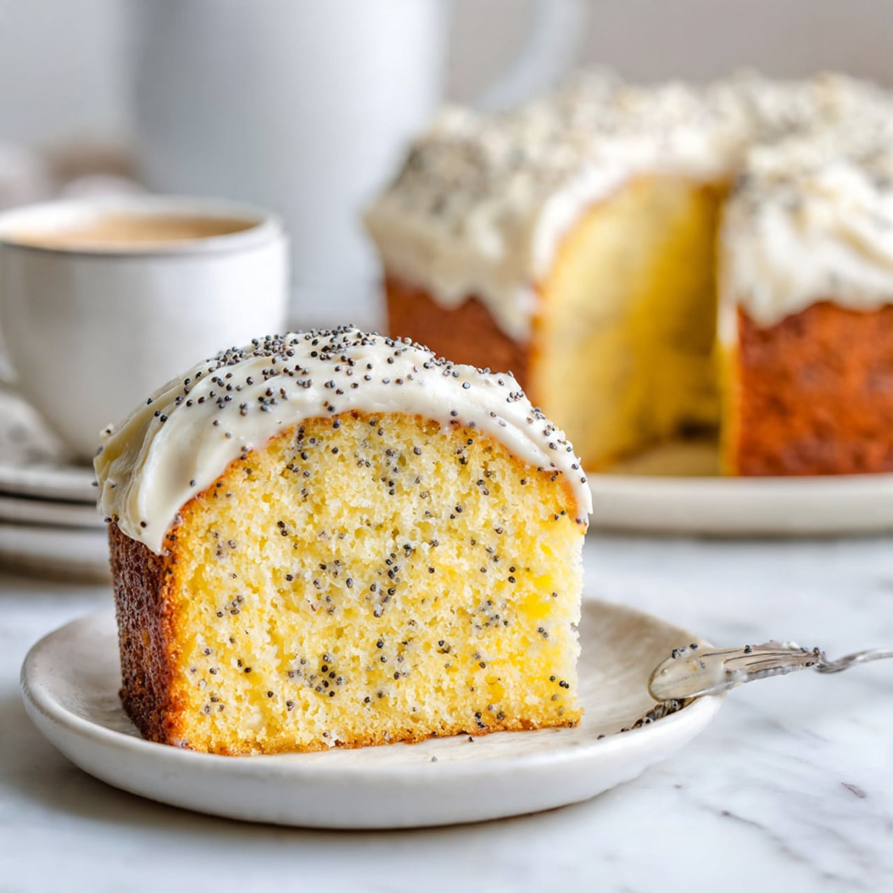 A single slice of yellowish cake speckled with poppy seeds is positioned in the front on a white marbled surface, showing a moist and airy texture inside. The cake slice has a thick layer of smooth, creamy white frosting on top, also sprinkled with poppy seeds, creating a contrast with the cake's light golden brown edge. Behind the slice, part of the whole cake with the same frosting and poppy seed topping is visible, slightly blurred, along with a white cup and a small stack of white plates in the background. The setting is bright and clean with a simple white marbled surface. Photo taken with an iphone --ar 4:5 --v 7
