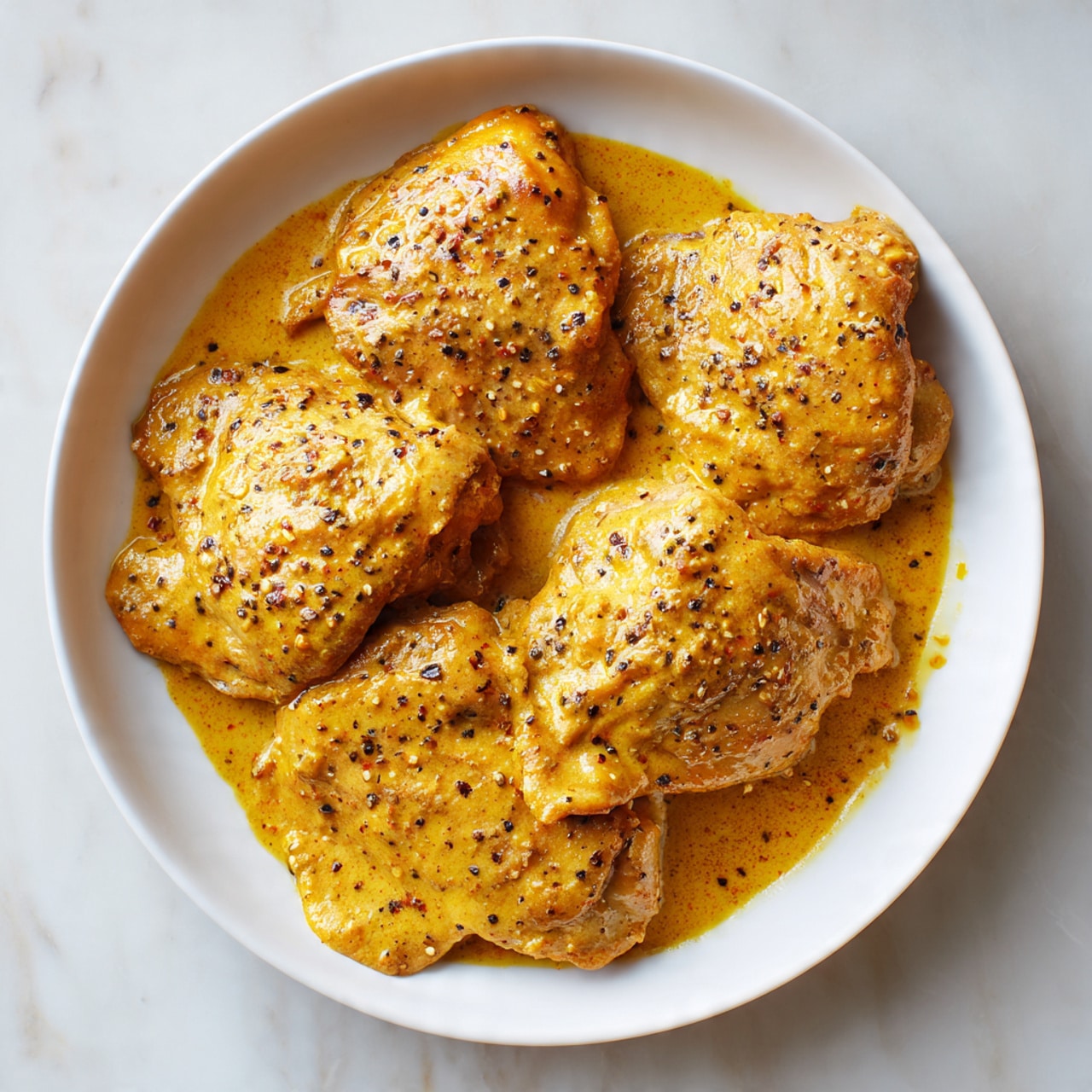 A white bowl holds five pieces of raw chicken thighs covered in a thick, golden-yellow marinade with a smooth, shiny texture and sprinkled with black pepper. The chicken pieces are partly submerged in the sauce and are arranged evenly inside the bowl. The bowl is set on a white marbled surface with a few small drops of the marinade outside the bowl. The lighting is soft, emphasizing the glossy look of the marinade on the chicken. photo taken with an iphone --ar 4:5 --v 7