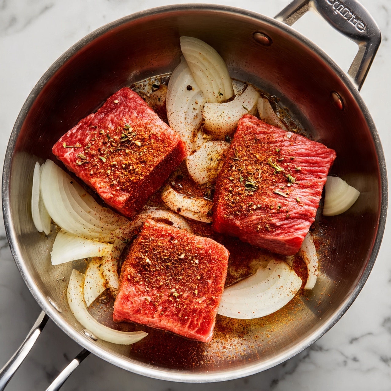 Inside a shiny metal pot, there are three large pieces of raw meat with a pink-red color and some white fat. On top of the meat, there are thin slices of white onion and several small pieces of yellow garlic. A layer of brown powder spices is spread over the meat, onions, and garlic. The inside of the pot shows light reflections, and the whole scene is set on a white marbled texture. photo taken with an iphone --ar 4:5 --v 7