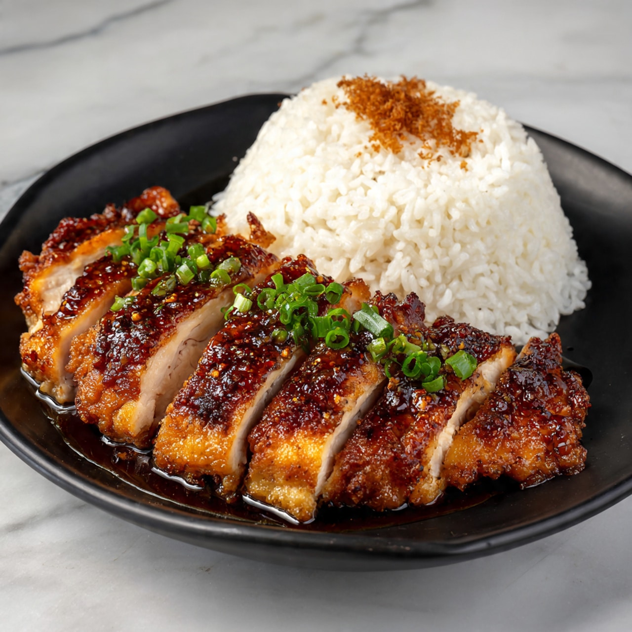 A black plate holds two main parts: on the left, there are five slices of cooked chicken with a golden brown color and a shiny glaze sauce on top, sprinkled with small green onion pieces. The chicken looks juicy and slightly charred on edges. On the right side of the plate, there is a pile of white rice with some brown sauce drizzled on it, making parts of the rice look light brown. The surface under the plate is a white marbled texture. photo taken with an iphone --ar 4:5 --v 7
