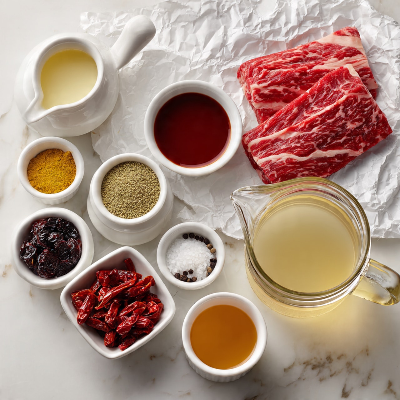 A large piece of red raw meat with white marbling is placed on crumpled white paper in the center of a white marbled surface. Around it, there are seven white bowls and containers holding different ingredients: one bowl has six spices arranged in color sections including beige, brown, green, mustard yellow, and red; another bowl contains dark red chili sauce; a small bowl has a lighter reddish paste; another has dried red chili pieces; a small dish contains white salt and black pepper side by side; one cup is filled with a light brown liquid, and another small cup has a clear pale yellow liquid. A glass pitcher filled with a cloudy light brown broth sits beside the jar of red sauce. Photo taken with an iphone --ar 4:5 --v 7