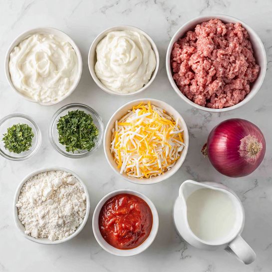 The image shows various ingredients placed in white bowls and a white pitcher on a white marbled surface. At the top right, there is a bowl with ground meat, which is pink and slightly textured. Below it, there is a cup filled with shredded yellow and white cheese mixed together. To the left of the cheese cup, there is a bowl with a creamy white mixture that looks smooth and thick. Next to it, there is a small bowl with chopped green herbs. At the bottom left, a bowl holds a crumbly mixture of flour and small white chunks. Nearby, there is a round red onion and a bowl of chunky red tomato sauce. In the center near the cheese cup, a white pitcher contains milk, its smooth liquid surface visible. All items are neatly arranged, and the photo is taken with an iphone --ar 4:5 --v 7