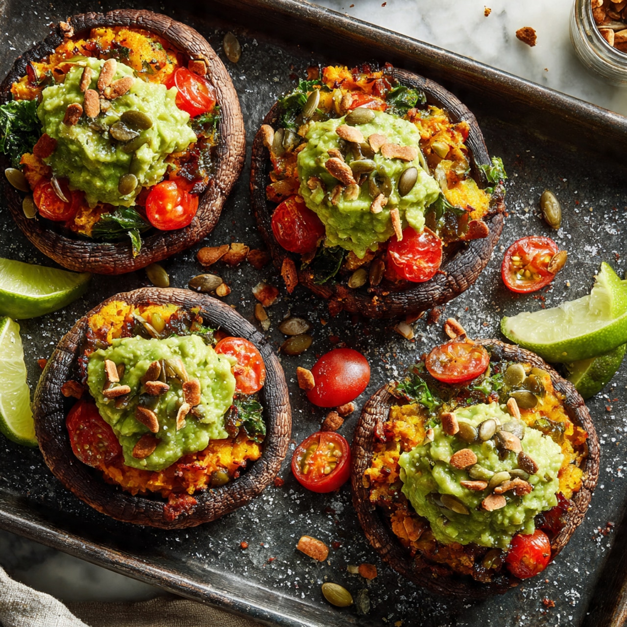 The image shows four stuffed portobello mushrooms placed on a dark baking tray, which rests on a white marbled surface. Each mushroom has three visible layers: the bottom layer is the dark brown portobello mushroom cap, the middle layer is a bright orange filling mixed with small beans and greens, and the top layer is a chunky green guacamole topped with halved cherry tomatoes, crushed multigrain chips, and scattered pumpkin seeds. Two lime wedges are positioned near the mushrooms on the tray, adding a touch of green contrast. The overall scene is bright and fresh with a slight rustic feel. Photo taken with an iphone --ar 4:5 --v 7