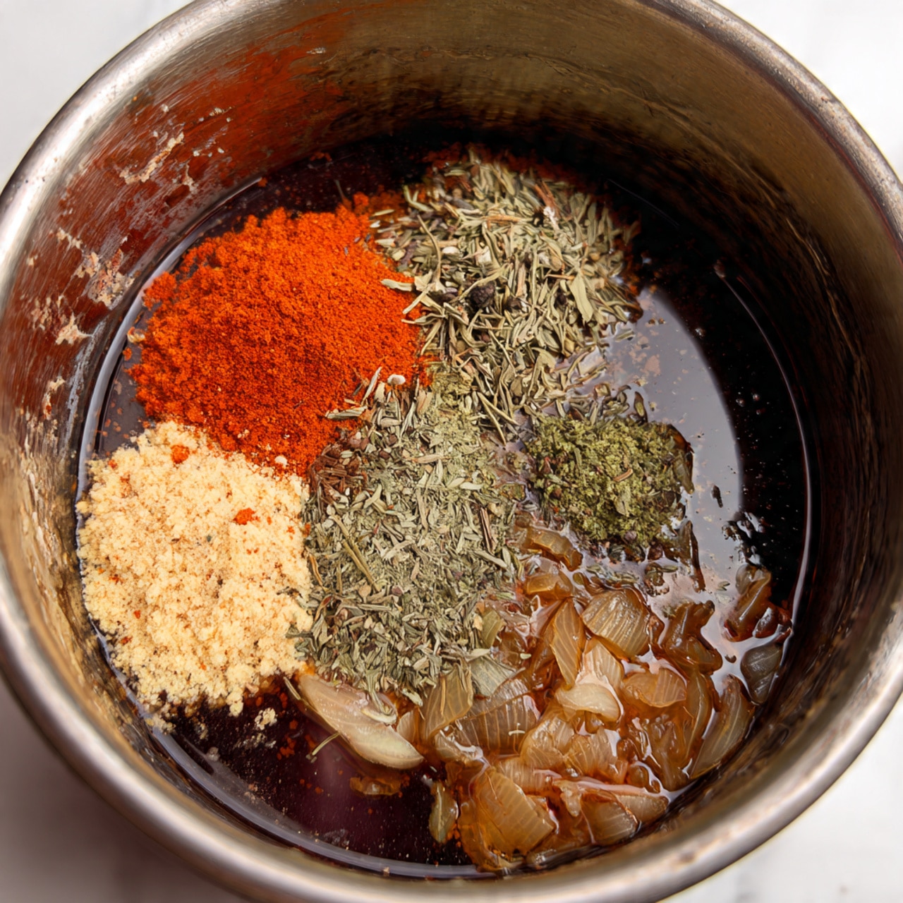 The image shows a close-up of a pot with a thick brown liquid base that looks like broth or soup filling most of the space. On top of this base, several spices are added in separate colorful piles: bright red powder on the left, light beige crumbs next to it, and green dried herbs on the right. There are small brown pieces that appear like cooked mushrooms or meat scattered mostly on the right side under the spices. The inside walls of the pot are light and show some splashes of the liquid. The surface under the pot is a white marbled texture. Photo taken with an iphone --ar 4:5 --v 7