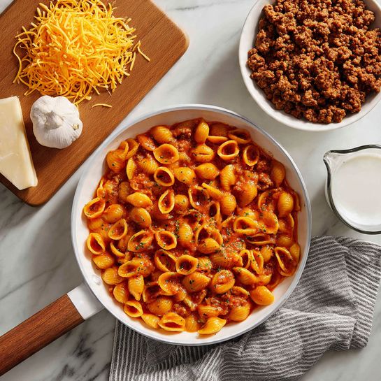 The image shows a white pan with a wooden handle containing a single layer of small shell pasta coated in a shiny, rich orange-red sauce with visible herbs. To the top left, there is a wooden cutting board with a pile of bright yellow shredded cheese and a small bulb of garlic. To the top right, a white bowl is filled with browned cooked ground meat. At the bottom right corner, a part of a glass measuring cup with white liquid can be seen. The background is a white marbled surface with a grey and white striped cloth partially visible under the pan. Photo taken with an iphone --ar 4:5 --v 7