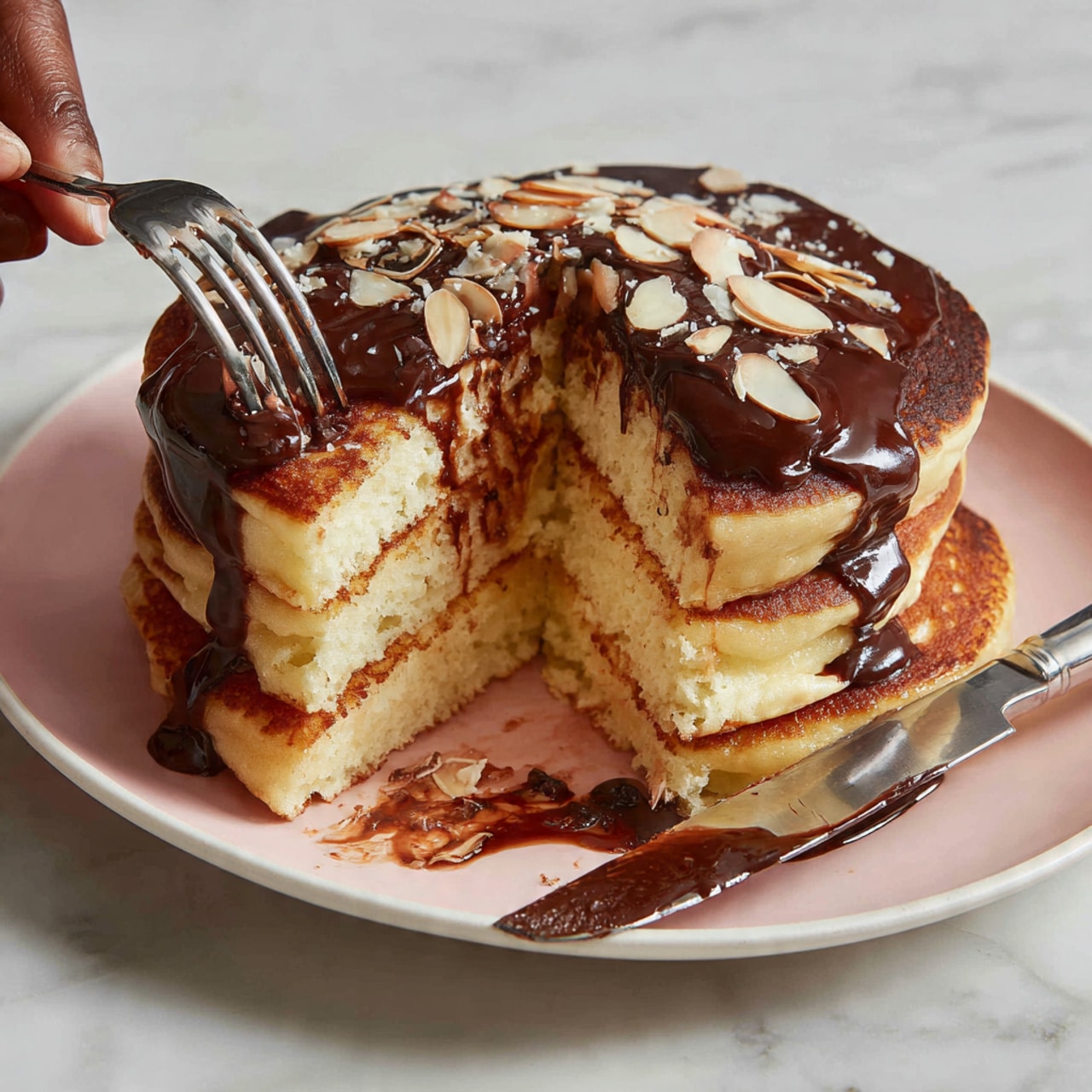 A stack of four thick, light brown pancakes sits on a white plate with a slightly pink tint, topped with a drizzle of dark chocolate sauce and scattered almond slices. The pancakes have a soft and fluffy texture visible from the side, with a few syrup drips on the surface. To the front left, a fork held by a woman's hand is lifting a cut piece of pancake, showing the inner layers. A knife rests on the plate, partially smeared with chocolate sauce. The plate is placed on a larger round white plate with a subtle rim, all set on a white marbled surface. Photo taken with an iphone --ar 4:5 --v 7