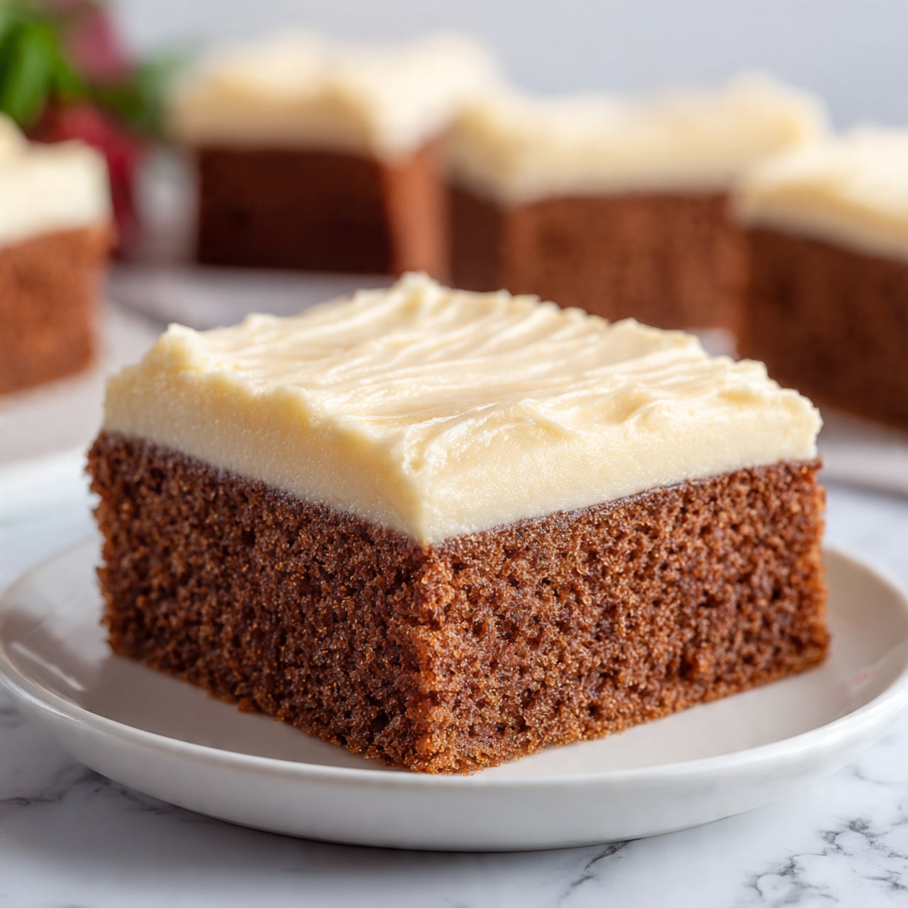 The image shows a single slice of cake on a white plate set on a white marbled surface. The cake has two layers: a thick bottom layer of moist brown cake with a slightly rough texture and a thinner top layer of creamy white frosting with a soft, smooth texture and some gentle swirls. The background is blurred with hints of green and red, and a few more slices of the same cake are faintly visible in the distance. Photo taken with an iphone --ar 4:5 --v 7
