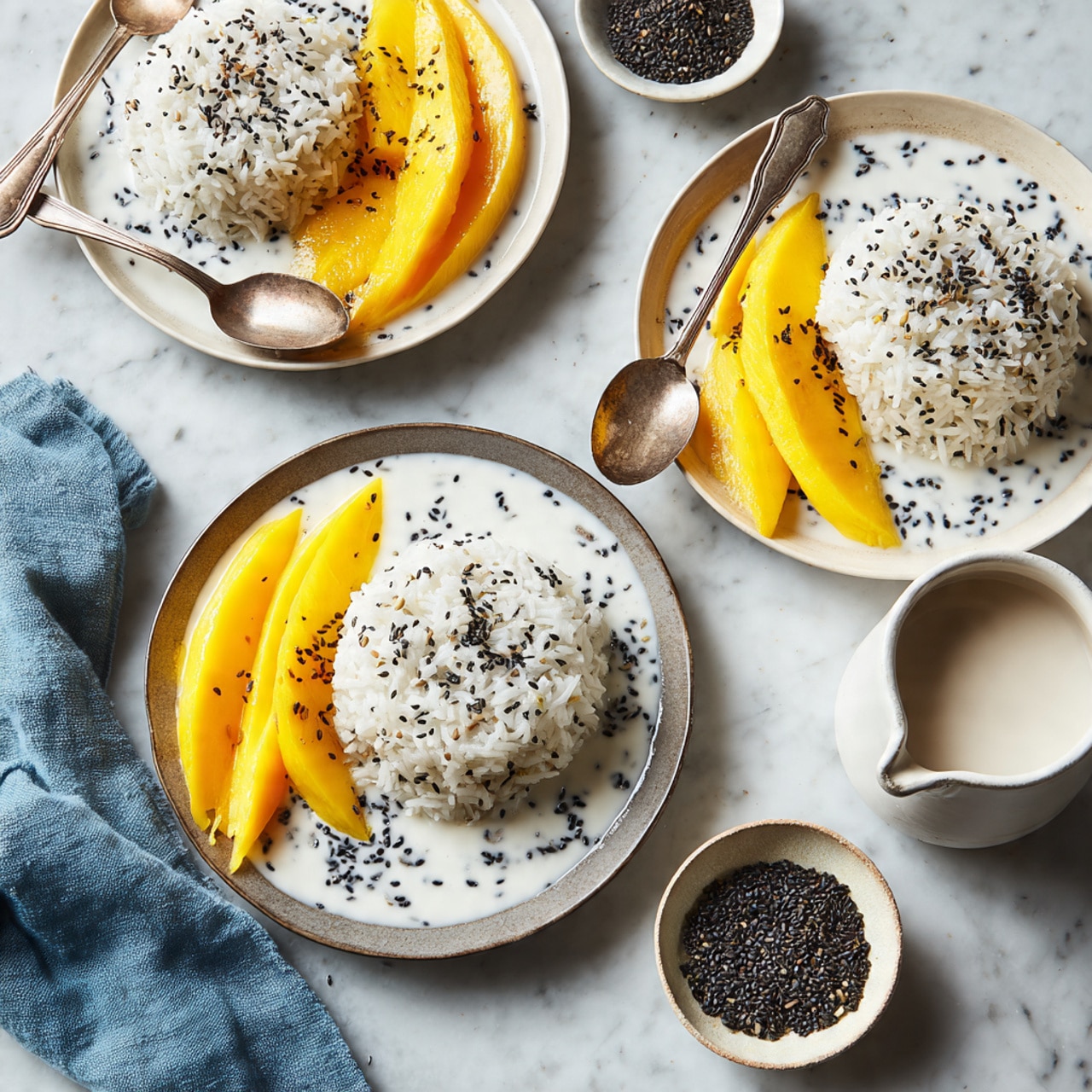 Four white plates each have a mound of sticky white rice topped with small black sesame seeds, sitting in a pool of white coconut milk. Next to the rice on each plate are thin slices of bright yellow mango, also sprinkled with black sesame seeds. Three vintage silver spoons lie around the plates on a white marbled surface, along with a white pitcher filled with coconut milk and a small bowl containing black sesame seeds. A blue cloth is casually placed near the bottom left corner. photo taken with an iphone --ar 4:5 --v 7