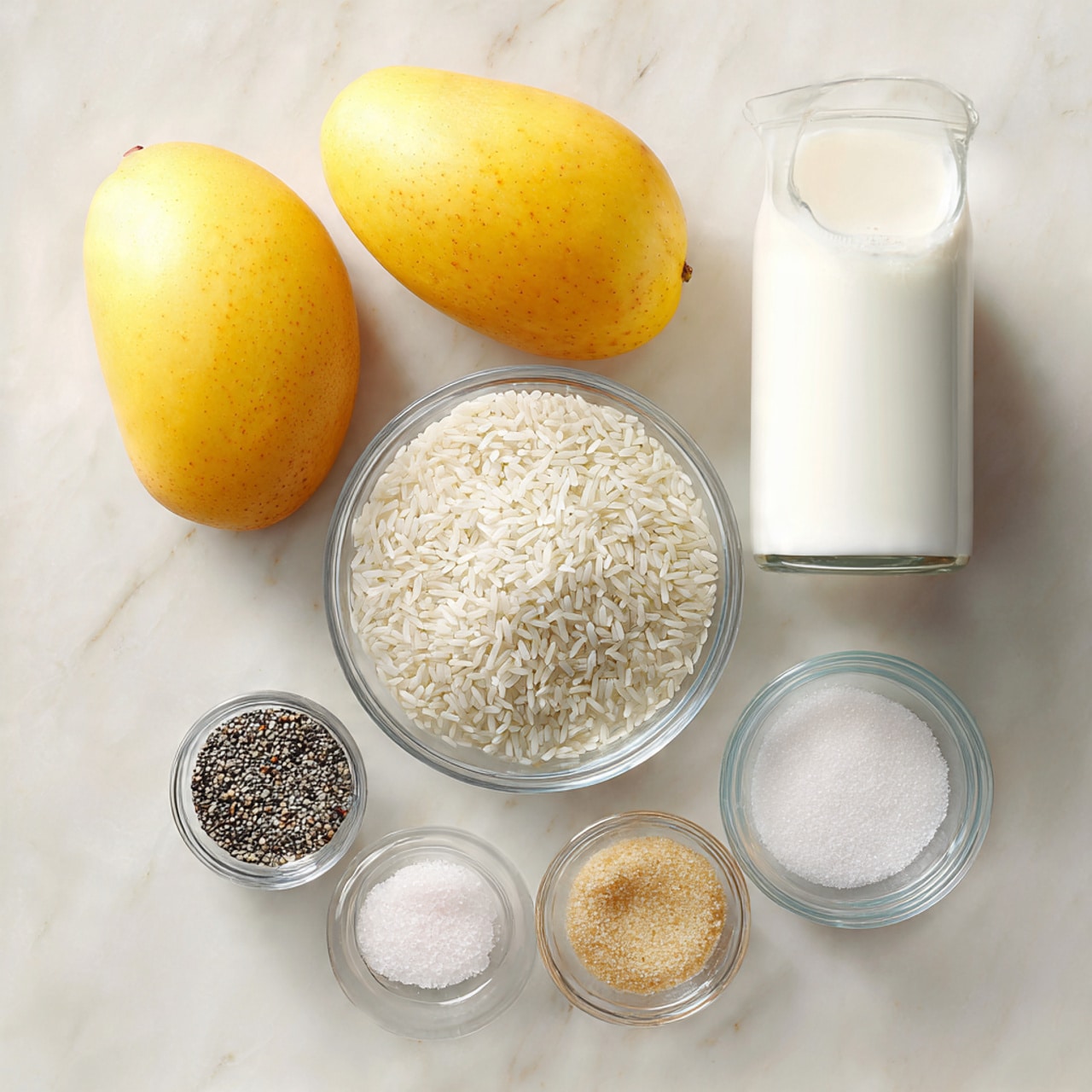 The image shows fresh ingredients laid out on a white marbled surface. Two yellow mangoes with smooth skin are placed on the top left. A clear glass bowl filled with small white rice grains is in the center. To the right of the rice, there is a tall clear glass jug with white liquid, likely coconut milk. Below the jug, three small clear glass bowls hold white powder, light brown sugar, and fine white salt. Below the rice bowl, another small clear glass bowl contains black seeds. All items are neatly arranged with good lighting. Photo taken with an iphone --ar 4:5 --v 7