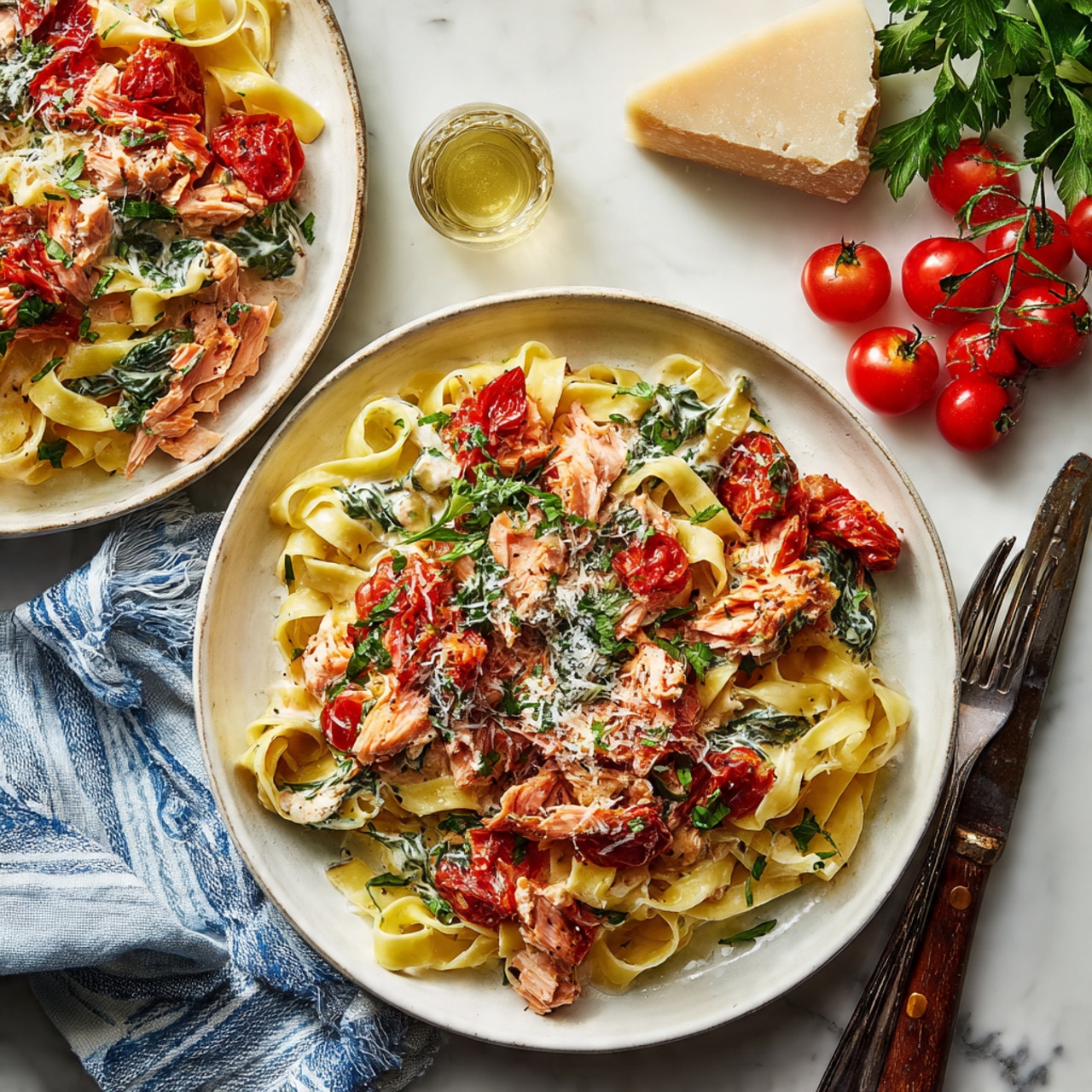 Creamy Salmon Pasta with Roasted Tomatoes and Spinach