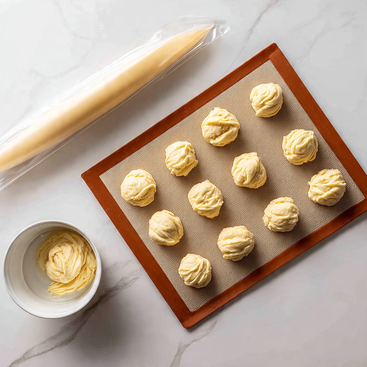 The image shows a baking tray with a silicone mat lined with 20 round dollops of light yellow choux pastry dough arranged in a 4 by 5 grid. To the left of the tray is a piping bag filled with the same dough, resting on a white marbled surface. On the right side of the tray, there is a small white bowl containing a bit of water. The dough dollops have a smooth, creamy texture and slight peaks in the center. photo taken with an iphone --ar 4:5 --v 7