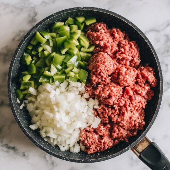 A black round pan shown from top view sits on a white marbled surface, containing three main layers of ingredients inside. The first large layer on the left side is chopped green bell peppers, small square pieces with a rough texture. To the right of the peppers, there is a mound of finely chopped white onions, soft and slightly fluffy in appearance. On the top right, a large rectangular block of raw ground meat with a red color and visible ridges covers almost a third of the pan. The pan handle is visible at the bottom center. photo taken with an iphone --ar 4:5 --v 7