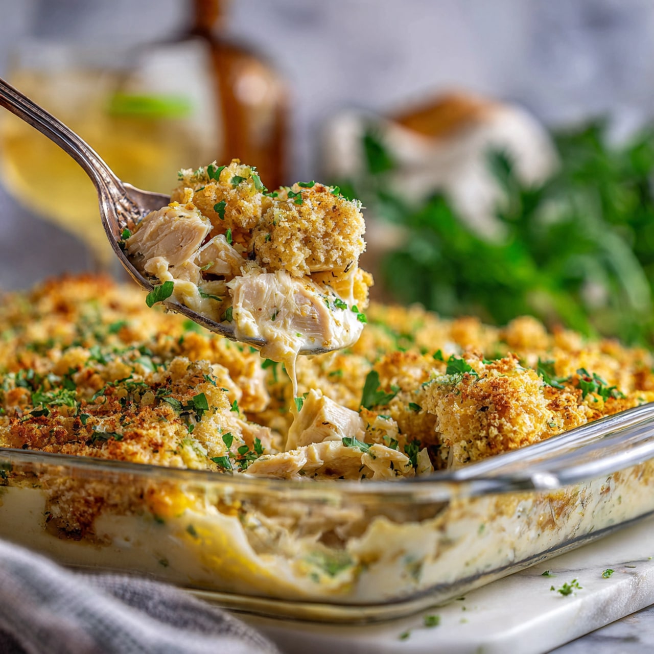 The image shows a close-up of a creamy chicken casserole being scooped from a clear glass baking dish. The dish has two visible layers: the bottom layer is a smooth, pale yellow creamy sauce mixed with tender pieces of chicken, and the top layer consists of a golden, crunchy breadcrumb topping sprinkled with green herbs, adding texture and color contrast. The casserole is placed on a white marbled surface, with a blurred background of green herbs and a glass of drink. A spoon holds a portion of the casserole with the topping broken into chunks, emphasizing the mix of creamy and crispy textures. Photo taken with an iphone --ar 4:5 --v 7