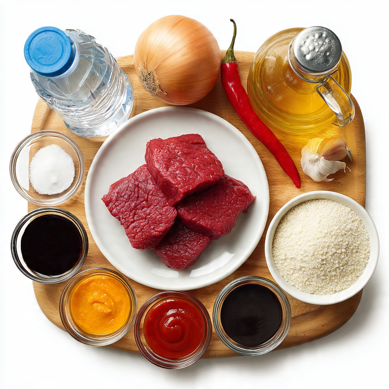 A flat lay shows three raw red steaks with marbled fat on a round white plate in the center. To the right of the plate is a white bowl filled with light beige sugar grains and above it is a smaller white bowl with white cornflour powder. Above that is a red chili pepper and a golden yellow oil bottle with a silver spout. To the left of the steaks is a round onion with a peeled strip exposed. Above it is a clear plastic bottle of rice vinegar with a blue cap and label. Three small glass bowls are positioned left of the plate; from top to bottom they hold red ketchup, dark soy sauce, and orange sweet chili sauce. Above these are small black bowls with salt, pepper, and tomato puree, and small glass bowls with pale yellow ginger paste and two garlic cloves. All items rest on a wooden surface with a white marbled border visible at the top edge. The words for each ingredient are labeled in white hand-drawn font around each item. Photo taken with an iphone --ar 4:5 --v 7