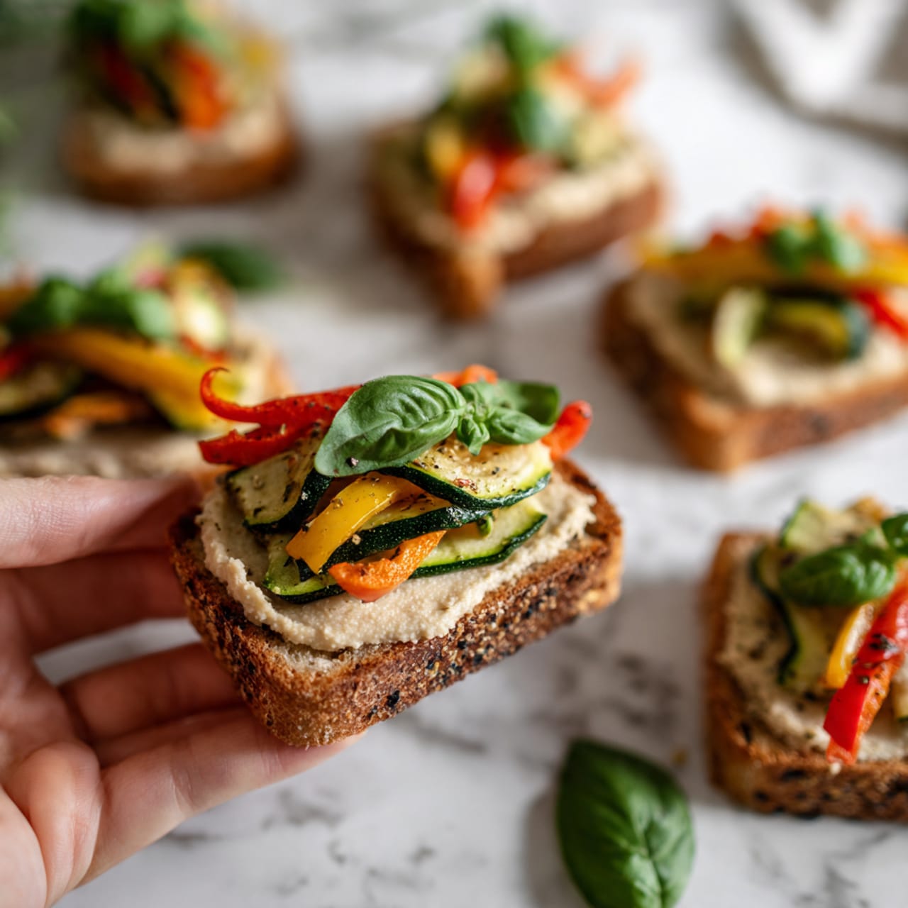The image shows several small toasted bread slices, each topped with a spread of light creamy hummus. On top of the hummus, there are strips of cooked vegetables including red bell peppers and yellow and green zucchini that are slightly shiny and cooked to a soft texture. Each toast is finished with a fresh, bright green basil leaf placed on the vegetables. A woman's hand is holding one piece of the toast near the bottom left of the image. The toasts are arranged on a surface with a white marbled texture. The lighting is warm and natural, highlighting the colors and textures. photo taken with an iphone --ar 4:5 --v 7