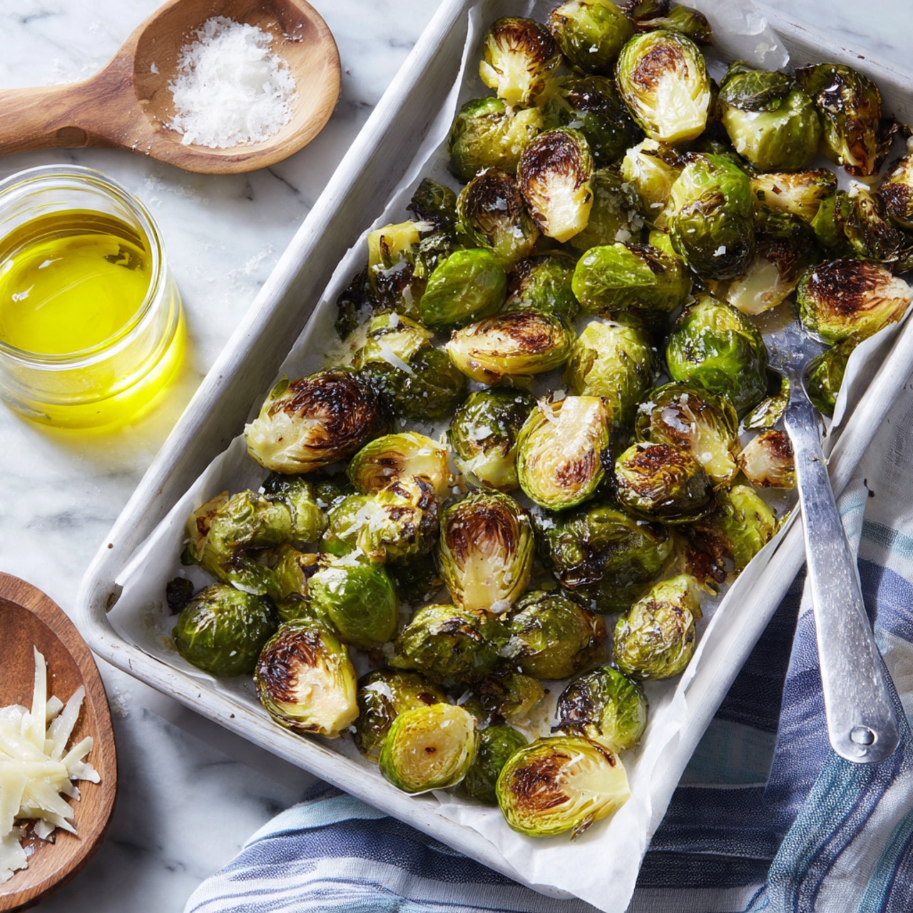The image shows a white baking tray covered with white parchment paper, filled with roasted Brussels sprouts. The Brussels sprouts are halved with outer leaves slightly charred to dark brown and black, while inner layers remain bright green and some light yellow where cooked. Some pieces show a bit of glossy texture from oil. A silver serving spatula is placed on the right side of the tray, partly under the Brussels sprouts. Around the tray, there is a glass jar with yellow oil on a white marbled surface, a small wooden board with white shaved cheese in the bottom left corner, and a blue-gray cloth with white stripes on the bottom right. The photo taken with an iphone --ar 4:5 --v 7