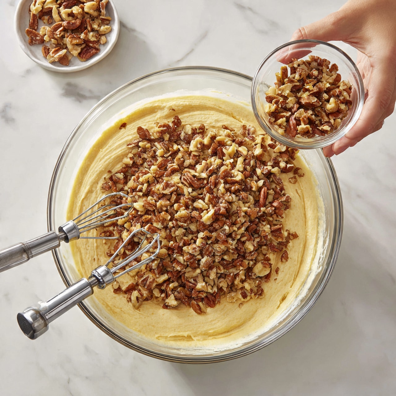 A large clear glass bowl sits on a white marbled surface, filled with a thick, creamy light yellow batter. On top of the batter is a heap of chopped nuts in brown and beige shades, ready to be mixed in. Two silver electric beaters rest in the batter on the left side of the bowl. A woman's hand holds a small clear glass bowl, pouring the nuts into the larger bowl. The scene is bright and clean, with a focus on the mixing process photo taken with an iphone --ar 4:5 --v 7
