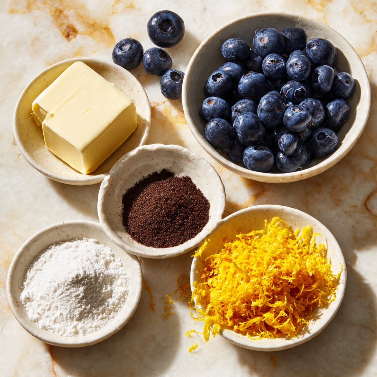 The image shows six small white bowls arranged on a white marbled surface. Two larger bowls at the top are filled with fresh, dark blue blueberries, full and round with a slight shine. Below them, three smaller bowls form a rough triangle: one contains a solid block of pale yellow butter, another has a mound of fine white powder, and the last holds a heap of dark brown powdered spice. To the right of the white powder is a bowl with bright yellow, finely grated lemon zest, some zest scattered around the bowl. The bowls have a simple, clean design, and the focus is on the vibrant colors and textures of the ingredients. Photo taken with an iphone --ar 4:5 --v 7