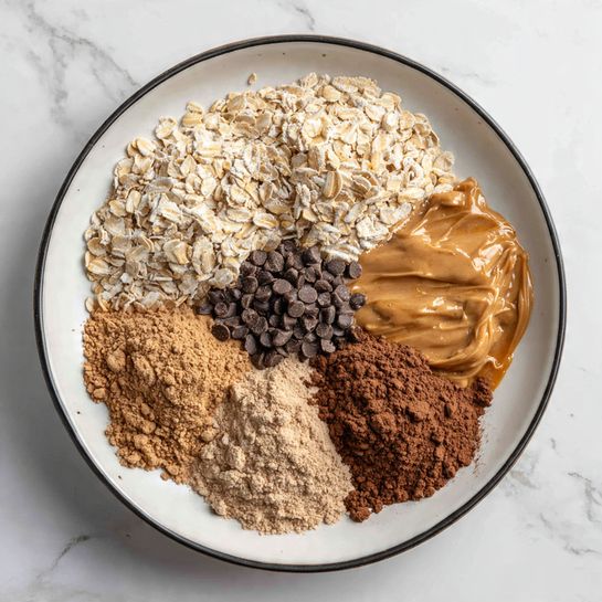In a white bowl with a thin black rim, there are six separate piles of ingredients arranged in a roughly circular pattern, each maintaining its own space without mixing yet. Starting from the top left is a layer of pale, flaky oats with a dry, rough texture. Moving clockwise, to the right is a smooth, shiny pile of almond butter with a rich brown color and slight gloss. Next to it is a small pool of golden-brown syrup with a glossy, liquid texture. Below that is a mound of fine, dark brown cocoa powder with a soft, powdery surface, slightly spilling towards the edge of the bowl. Towards the lower left side is another pile of lighter brown powder, likely protein or cocoa mix, with a smooth, powdery texture. Finally, completing the circle to the left is a cluster of small, dark chocolate chips, dense and shiny, adding a contrast in texture and color. The bowl sits on a white marbled surface. Photo taken with an iphone --ar 4:5 --v 7