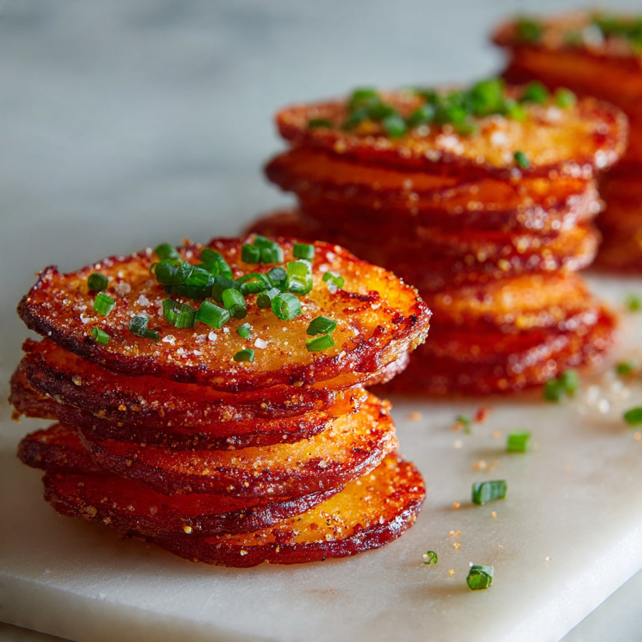 The image shows several small stacks of thinly sliced potato rounds, each stack made up of multiple golden-brown layers with a slightly crispy texture on the edges. The potato stacks are topped with sprinkled grated cheese that has melted and browned slightly, along with small pieces of green chopped chives scattered across the top. They are arranged closely on a white plate, which sits on a white marbled surface. To the side, there are white dishes with more chopped chives. The lighting is bright, highlighting the crispy texture and colors of the dish. Photo taken with an iphone --ar 4:5 --v 7
