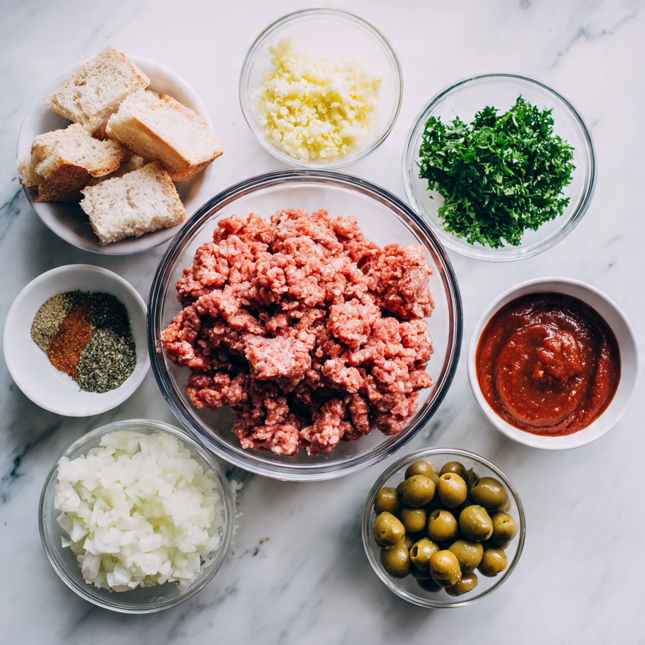 A clear glass bowl on a white marbled surface holds a large pile of raw ground beef with a rough, soft texture in pinkish-red color. Surrounding it are several smaller white bowls and clear containers arranged in a loose circle: one white bowl contains finely minced pale yellow fresh garlic, another white bowl holds a mix of green herbs and brownish dried spices, a white bowl is filled with small pieces of white gluten-free bread, and another has a smooth, thick reddish-brown BBQ sauce. There is a white bowl with a fluffy heap of pale grated onion, a small bowl filled with green pitted olives, and a clear glass bowl with chopped fresh green parsley for garnish. photo taken with an iphone --ar 4:5 --v 7