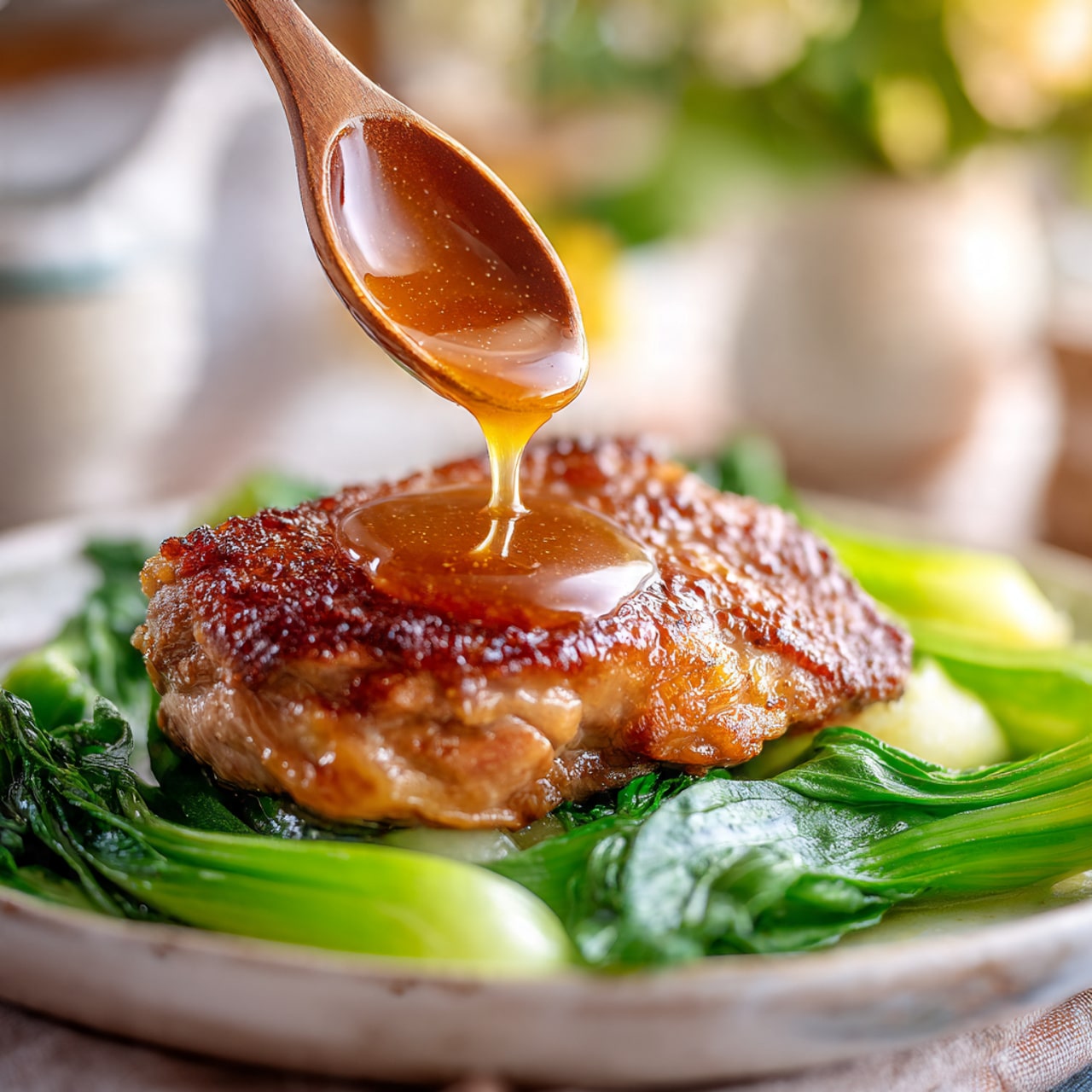 A piece of cooked golden brown chicken with a crispy skin sits on top of a layer of cooked green and light brown vegetables on a white plate. A wooden spoon held above is pouring a shiny, amber-colored sauce slowly over the chicken. The plate is set on a white marbled surface, with blurred background elements showing soft tones of white and green. Photo taken with an iphone --ar 4:5 --v 7
