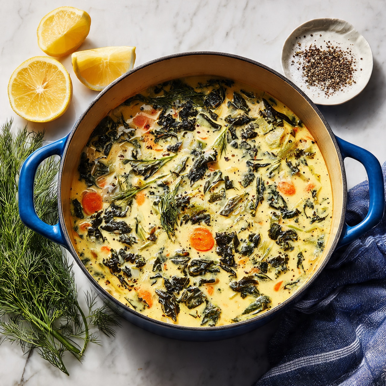 A large blue pot filled with a thick, creamy soup that has a pale yellow base with visible pieces of dark green leafy vegetables, small orange carrot slices, and light green herbs mixed throughout. The soup looks smooth with small bits of vegetables floating inside. Around the pot, there are fresh lemon halves with a bright yellow inside and a small white bowl containing coarse black pepper beside some green dill on a white marbled surface. A blue and white striped cloth is partially visible under the pot's handle on the right side. photo taken with an iphone --ar 4:5 --v 7