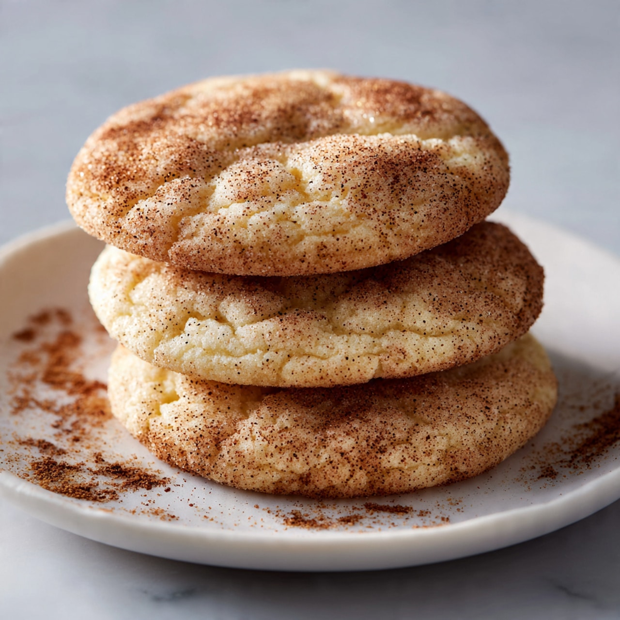 The image shows a stack of three soft, round sugar cookies on a white plate with a white marbled background. Each cookie is light golden in color with a slightly cracked and puffy texture. The top cookie is dusted with a generous sprinkling of cinnamon sugar that creates a textured look with specks of brown and darker cinnamon powder scattered around on the plate. One cookie at the edge is partially visible, showing a similar texture and color. The photo taken with an iphone --ar 4:5 --v 7