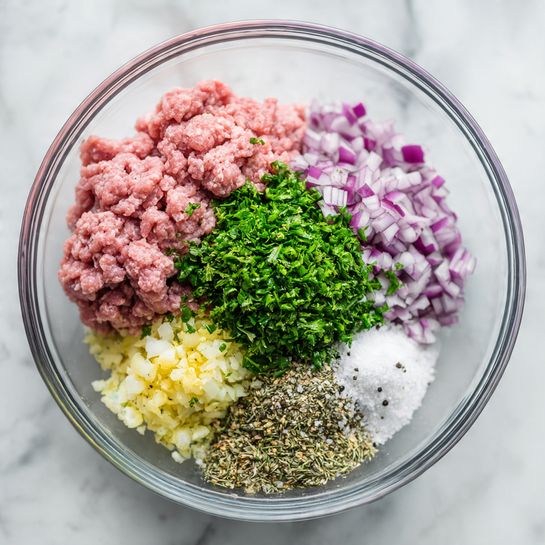 A clear glass bowl placed on a white marbled surface holds separate layers of ingredients arranged in a circle. The largest layer is raw pink ground meat, occupying most of the bowl's upper left area. To the right of the meat, a dense mound of finely chopped bright green herbs sits. Below this, there is a smaller pile of finely diced purple onions. Moving leftward, beneath the onions, a dry layer of mixed light brown and green dried herbs appears. Next, toward the lower left, there is a heap of finely chopped pale yellow garlic mixed with small bits of white, all sprinkled lightly with black pepper. In the center, a small mound of white salt rests. The clear bowl and the white marbled surface give a clean and fresh look. photo taken with an iphone --ar 4:5 --v 7