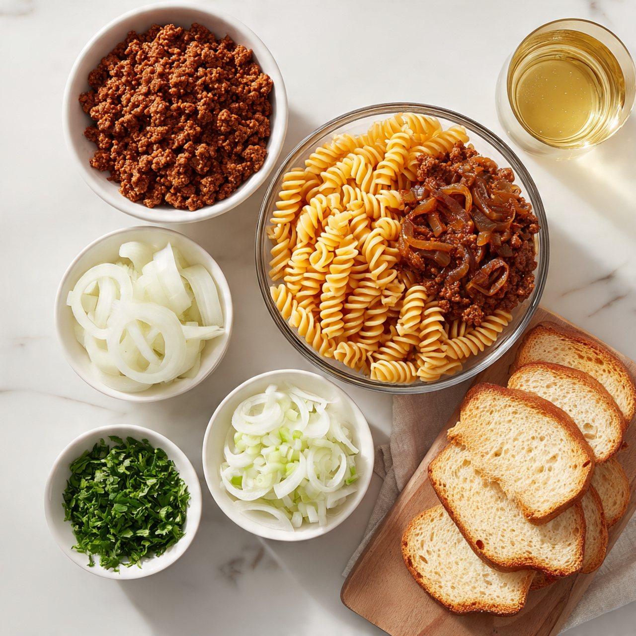 French Onion Soup Pasta Recipe 4 A white marbled surface holds a collection of ingredients arranged neatly: a white bowl filled with browned ground meat at the top left, next to it a clear bowl with caramelized onions over a layer of cooked spiral pasta at center, and a glass of light golden liquid at top right. Below these are four small white bowls with various chopped herbs and sliced white onions, the herbs bright green and finely cut. On the right side are several slices of toasted white bread stacked casually, showing their golden brown crusts and soft, airy interior. The whole setup is clean and well organized, with natural lighting highlighting the textures and colors of the ingredients photo taken with an iphone --ar 4:5 --v 7