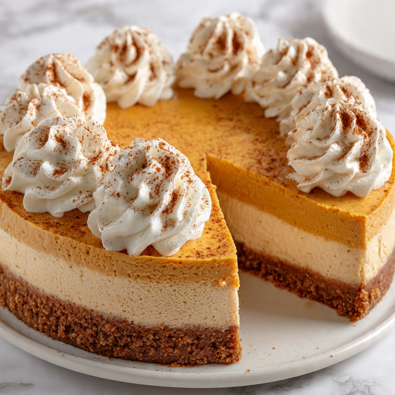 A two-layer pumpkin cheesecake is shown on a white cake stand with a smooth, thick brown crust layer at the bottom and a taller, creamy orange pumpkin layer on top. The top of the cheesecake is decorated with a ring of white whipped cream swirls sprinkled lightly with cinnamon. The cake stands on a white marbled surface with a soft blue cloth and cinnamon sticks with nutmeg scattered around. The background is made of white tiled wall. Photo taken with an iphone --ar 4:5 --v 7