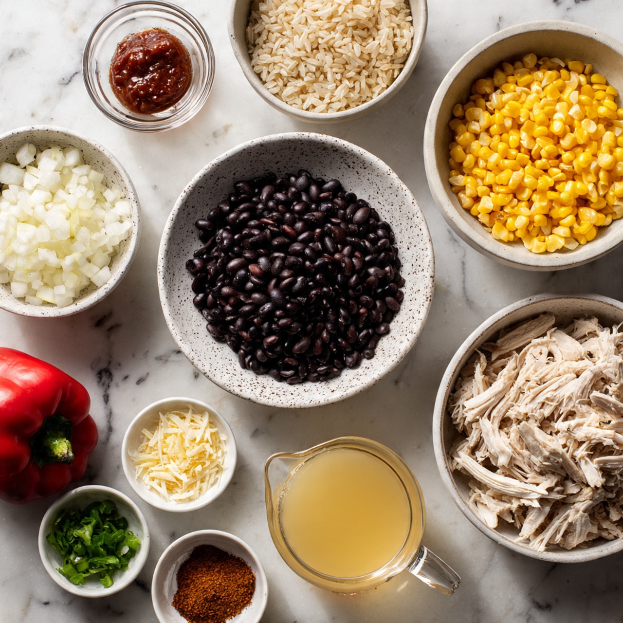 A top-down view of multiple bowls and a whole red bell pepper arranged on a white marbled surface. There is a white speckled bowl filled with dark black beans near the center. Surrounding it are smaller white bowls with finely chopped white onions, yellow corn kernels, shredded white cheese, and cooked brown rice. A small clear glass bowl holds a red paste, and another clear bowl contains olive oil. A white bowl with shredded cooked chicken is placed near the bottom right, next to a measuring cup filled with light yellow broth. A small dish with a reddish-brown spice powder and a clear bowl of chopped green chilies complete the spread. The vegetables and ingredients have clear, bright colors with distinct textures. Photo taken with an iphone --ar 4:5 --v 7