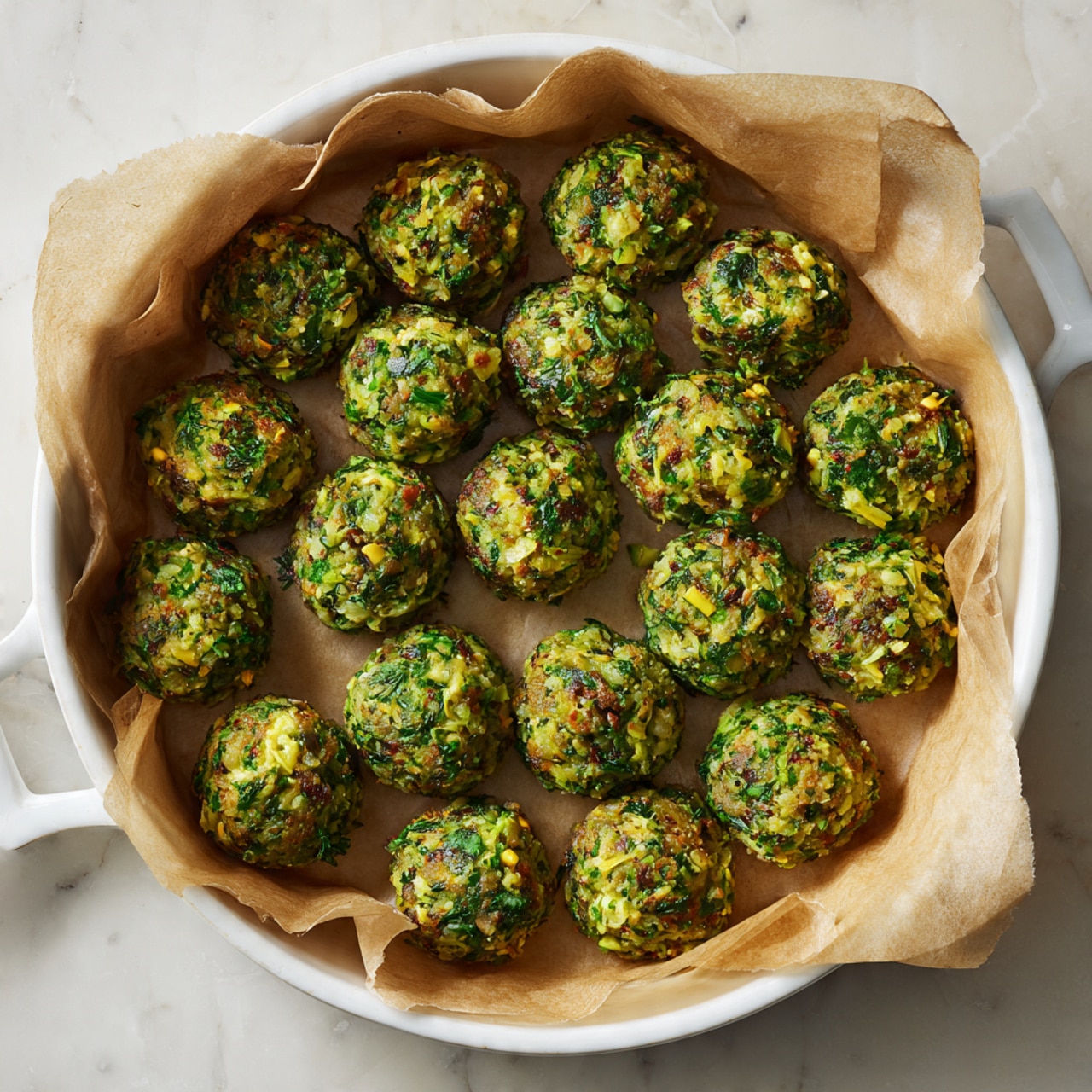 The image shows a white baking dish lined with brown parchment paper, filled with 20 round green vegetable balls arranged neatly in four rows. Each ball has a textured mix of chopped green vegetables, likely broccoli and herbs, with small bits of light yellow ingredients throughout. The balls have a rough, uneven surface indicating fresh, finely chopped vegetables mixed in. The dish sits on a white marbled surface. Photo taken with an iphone --ar 4:5 --v 7