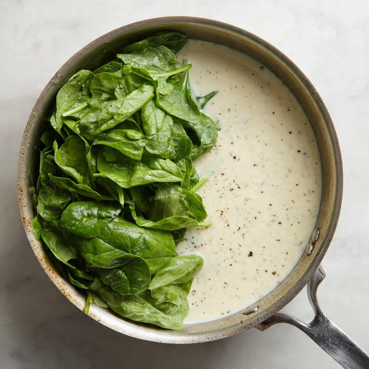 A shiny metal pan filled about two-thirds with a smooth, creamy white sauce that has small specks of seasoning throughout. On the left side of the pan, there is a thick layer of fresh, bright green chopped spinach leaves that contrast with the pale sauce. The pan has a metal handle and is placed on a white marbled surface. photo taken with an iphone --ar 4:5 --v 7
